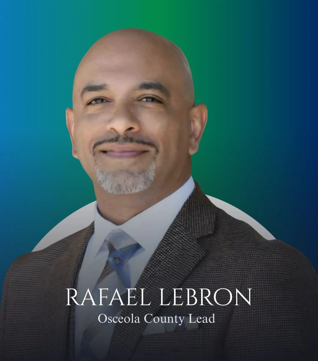 Portrait of Rafael Lebron, Osceola County Lead, wearing a suit and tie, against a multicolored background.