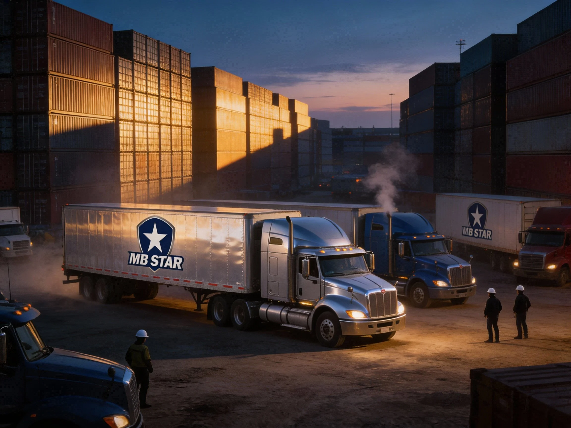 Three semi-trucks with MB Star logos parked or moving in a shipping yard during sunset, with stacks of shipping containers and workers wearing safety helmets and vests.