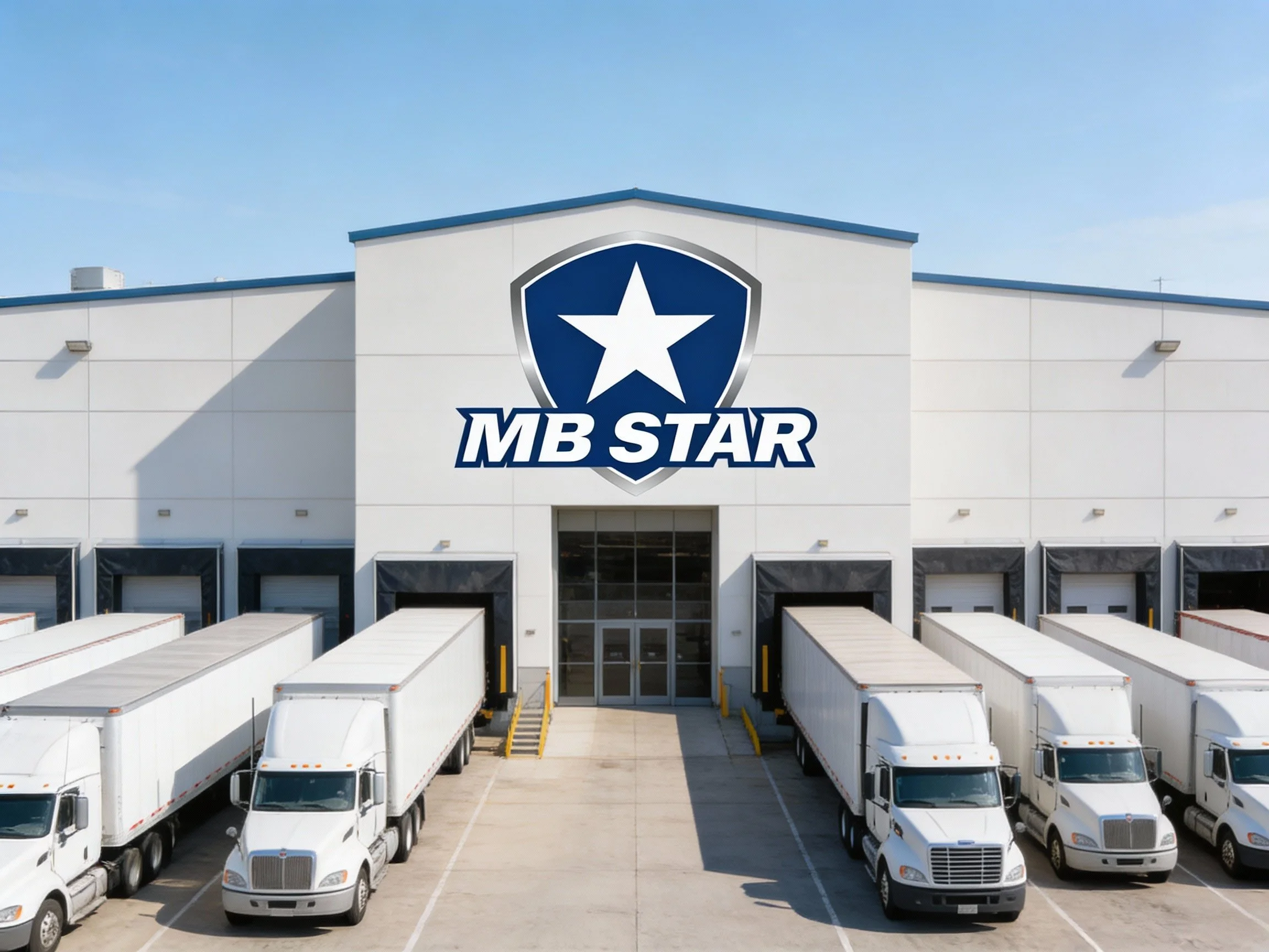 Front view of a warehouse with several white trucks parked outside, large logo of a blue star inside a shield and the text 'MB STAR' on the building facade.