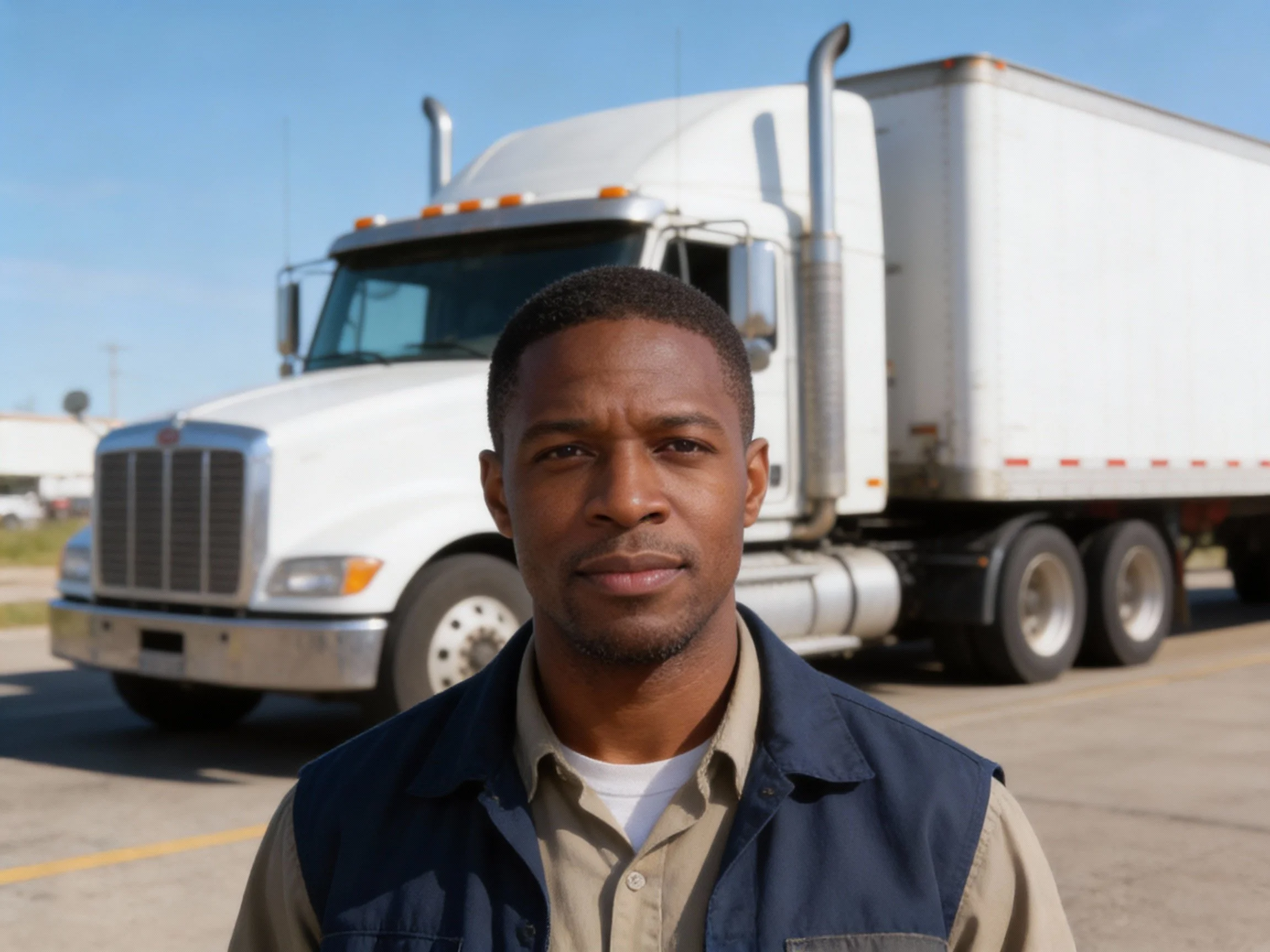 A man standing in front of a large white semi-truck on a clear day.