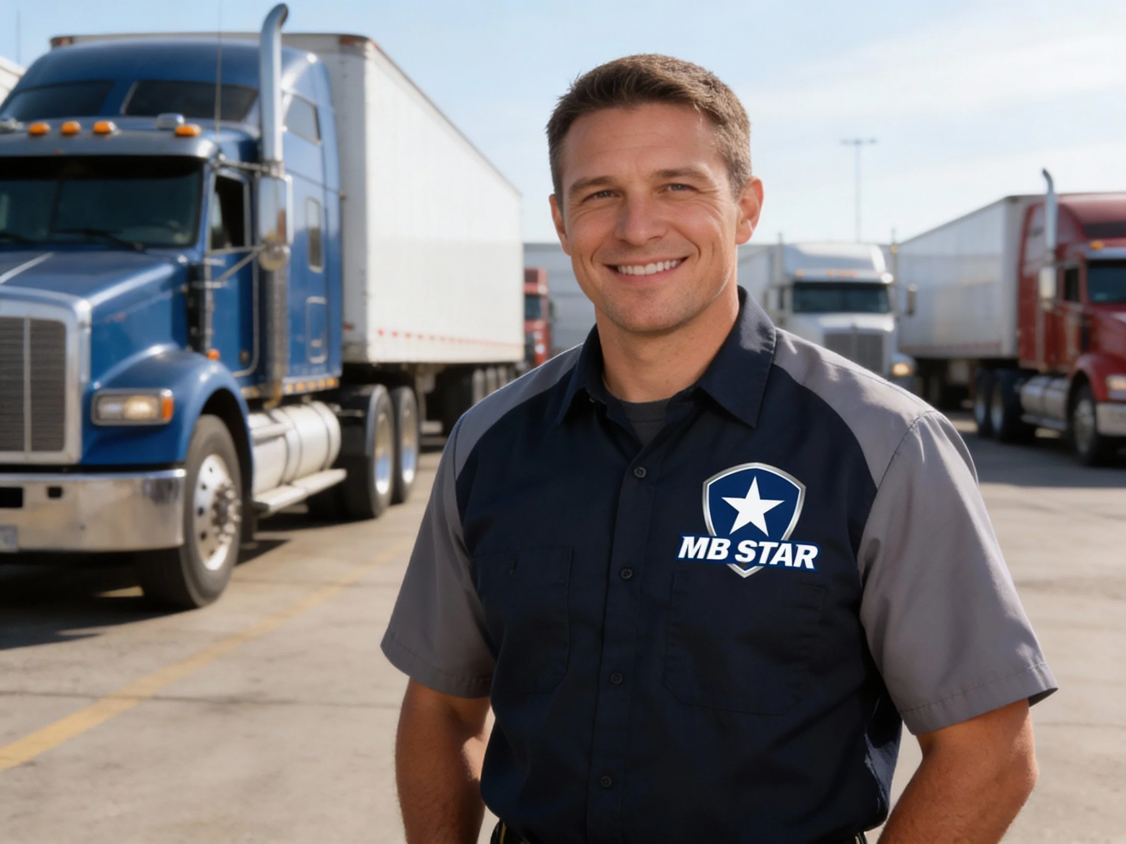 Man smiling in a parking lot filled with semi-trucks, wearing a dark blue work shirt with gray sleeves and an MB STAR logo.