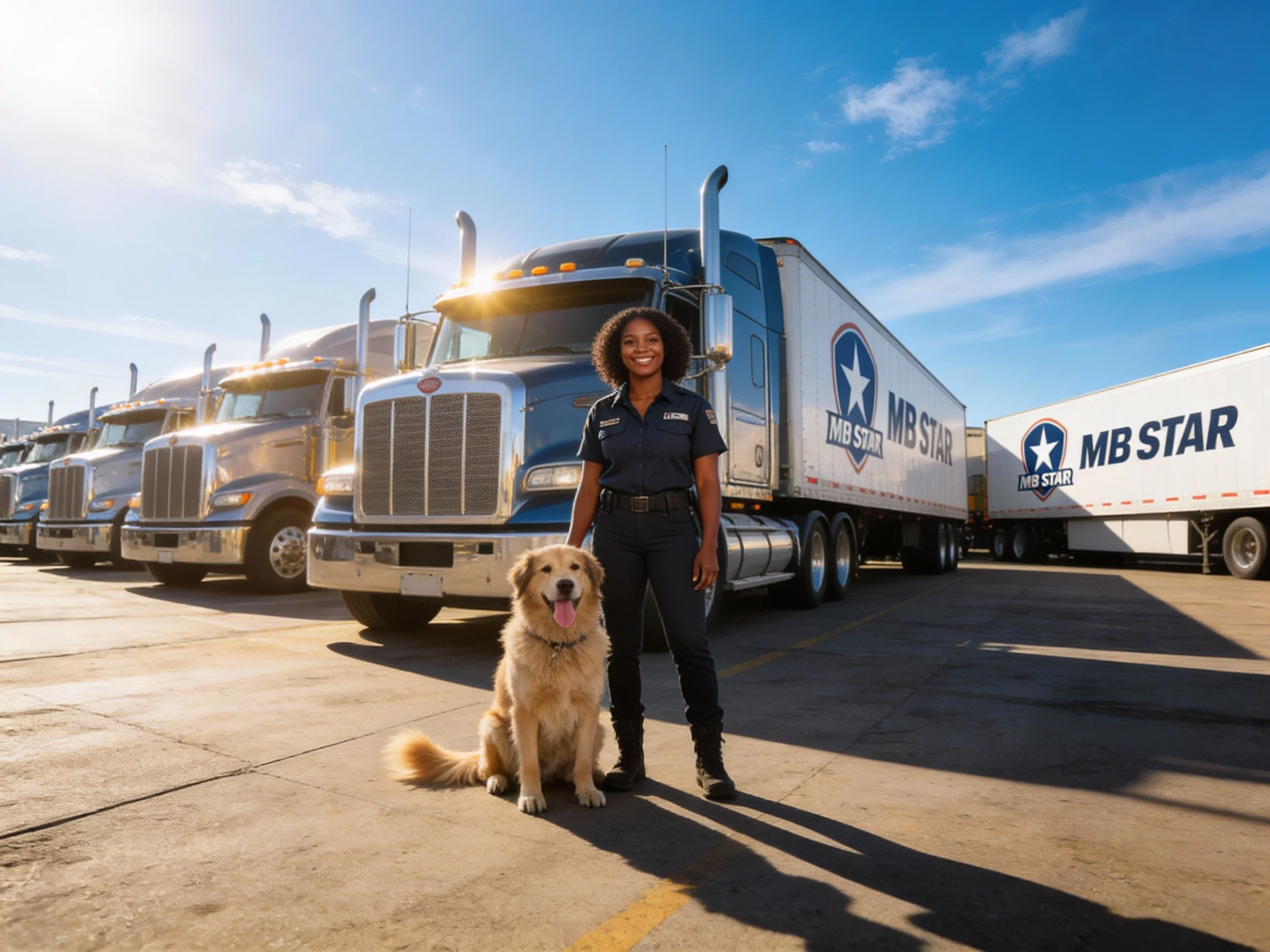 A smiling woman in a truck driver uniform standing beside her golden retriever in front of a row of semi-trucks at a truck yard, with clear blue sky above.