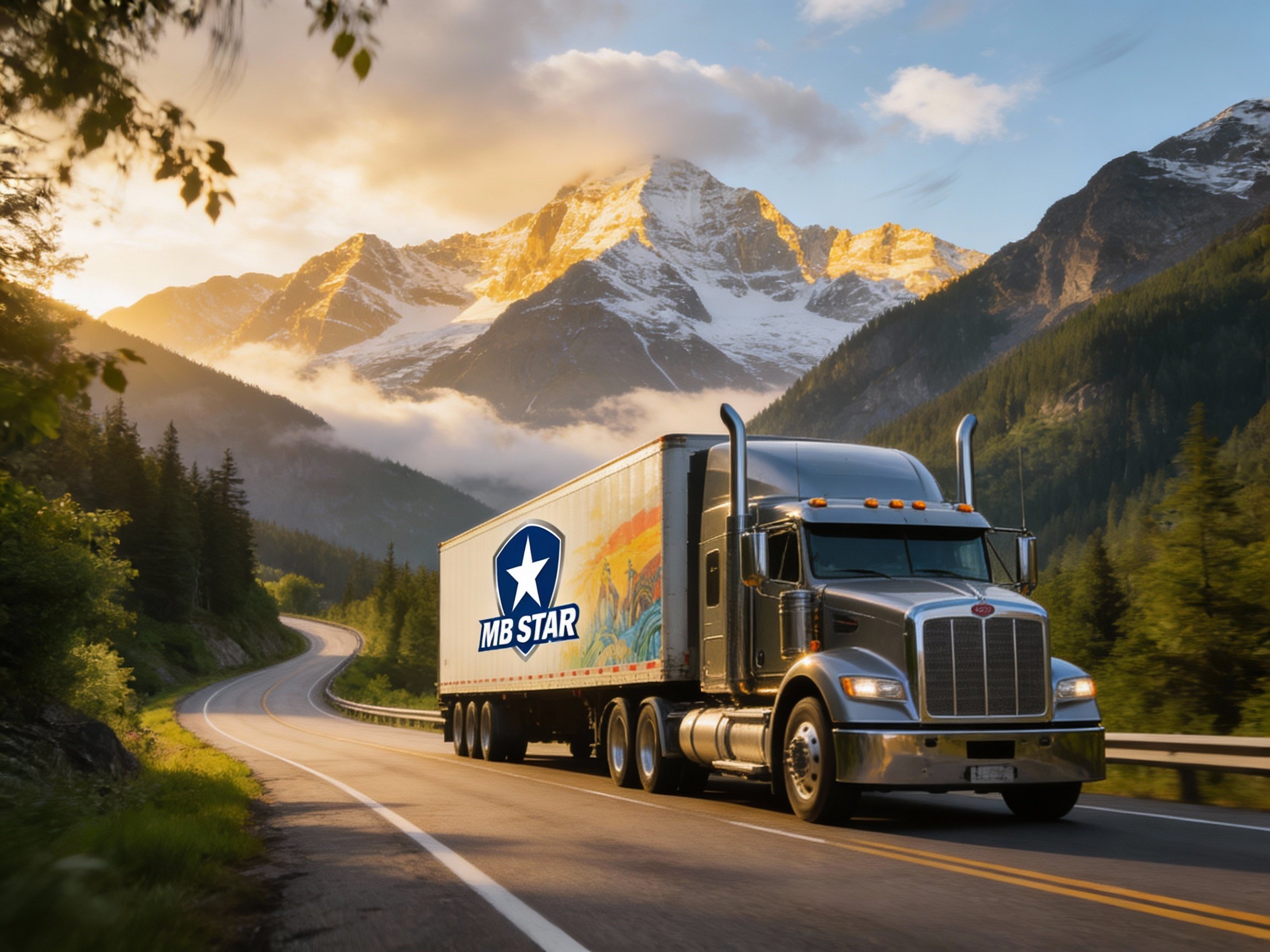 A semi-truck driving along a winding mountain road with snow-capped peaks and trees in the background during sunset.