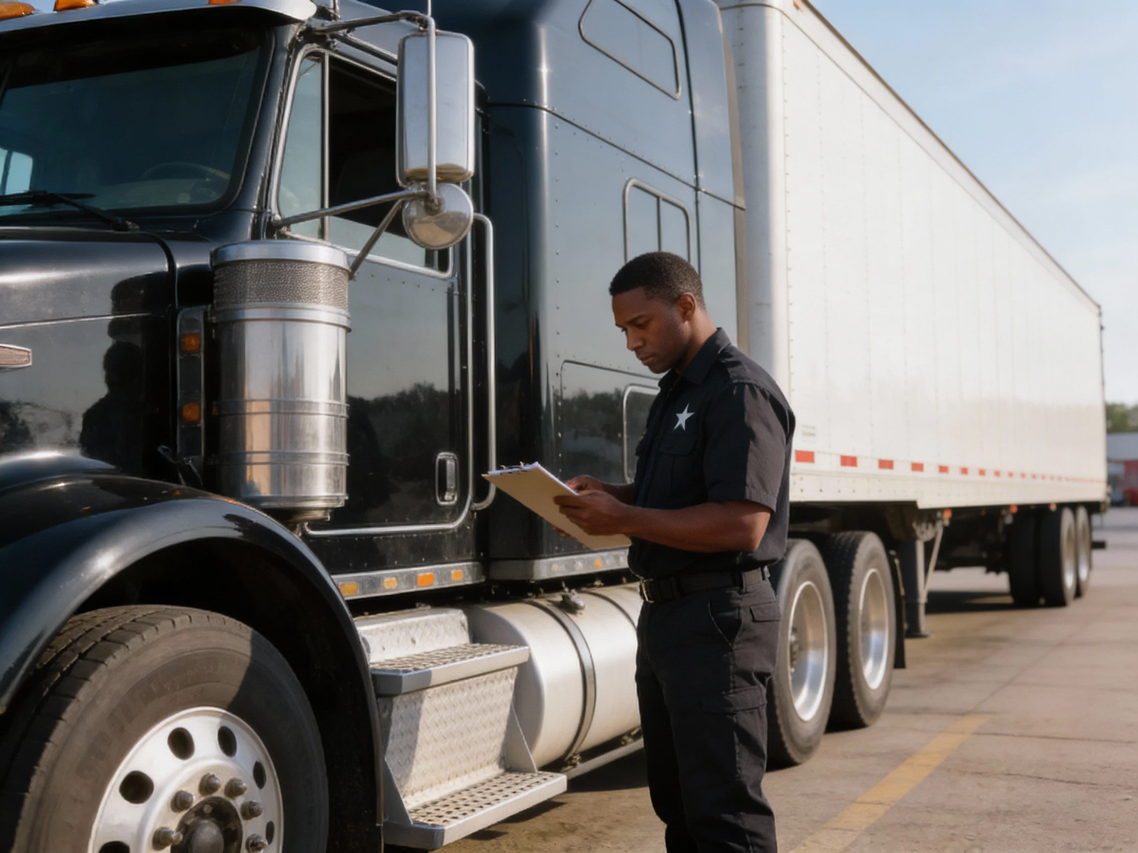 A man in a black uniform with a star badge is standing beside a large black semi-truck, reviewing a clipboard in his hand, in a parking lot.