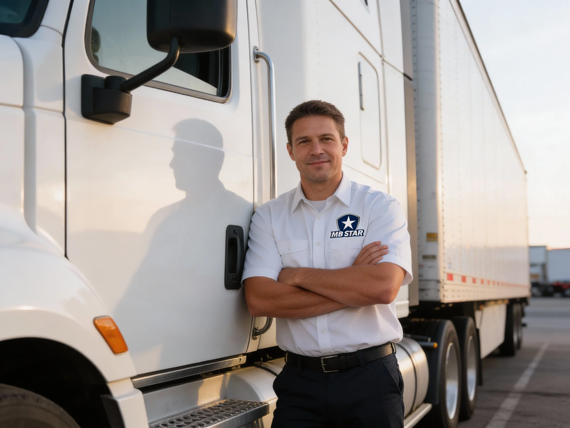 A man in a white uniform with a logo reading 'MB STAR' is standing with arms crossed in front of a large white semi-truck in a parking lot.