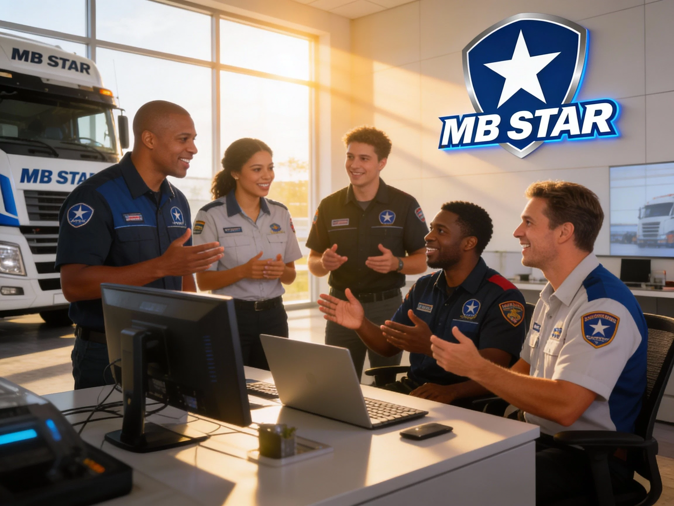 A group of five people in a meeting room, wearing uniform shirts with MB Star insignia, engaged in a discussion with the man standing and smiling. There is a large logo on the wall with a star and the words "MB STAR." In the background, trucks and large windows letting in sunlight are visible.