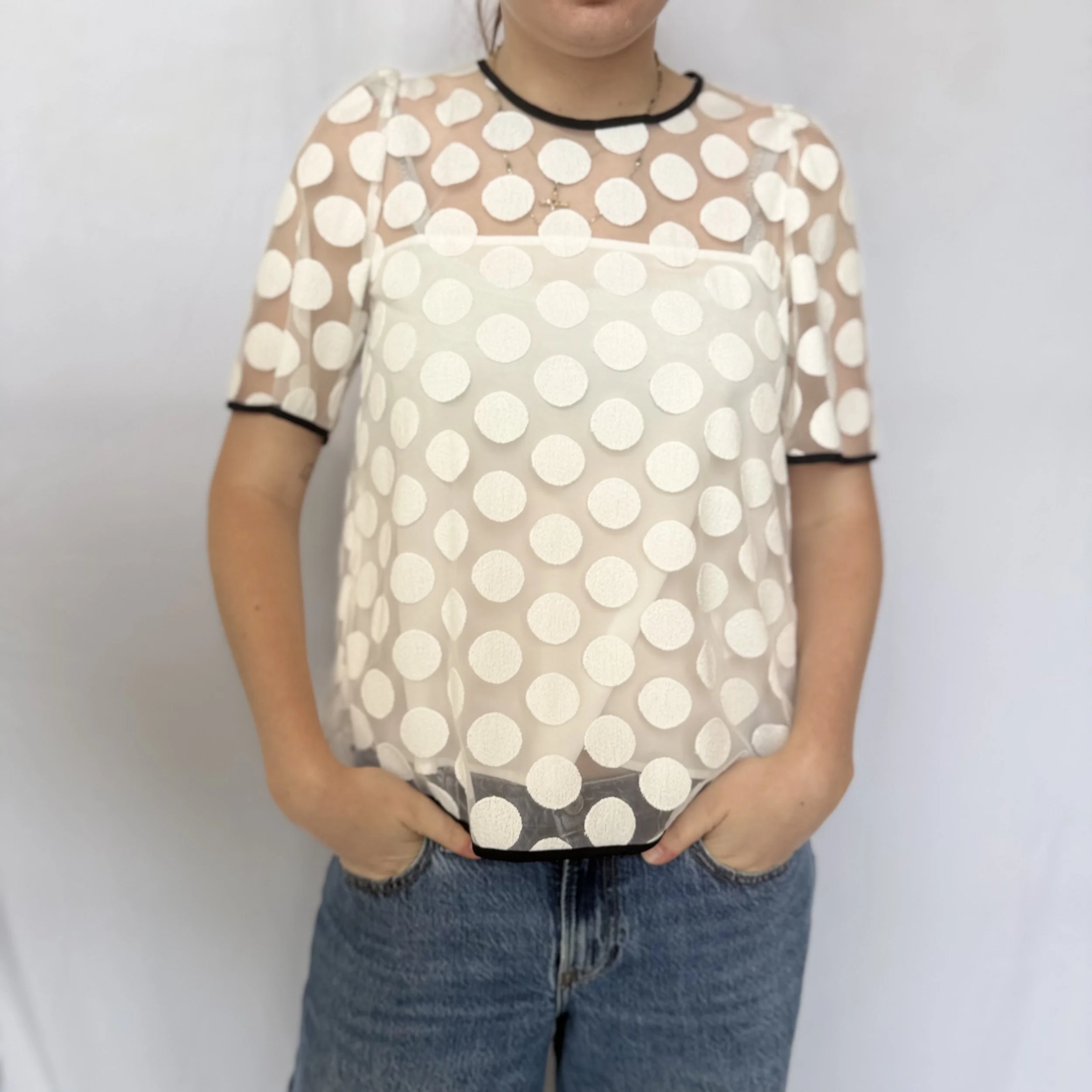 Marella Polka Dot Sheer Blouse | Ivory & Black Contrast Trim Top | Italian Designer
