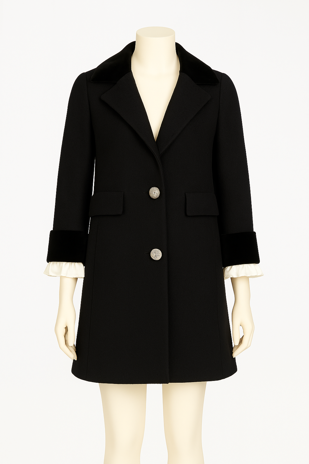 Vintage Black Wool Coat with Velvet Lapel & Satin Ruffle Cuffs – French-Inspired
