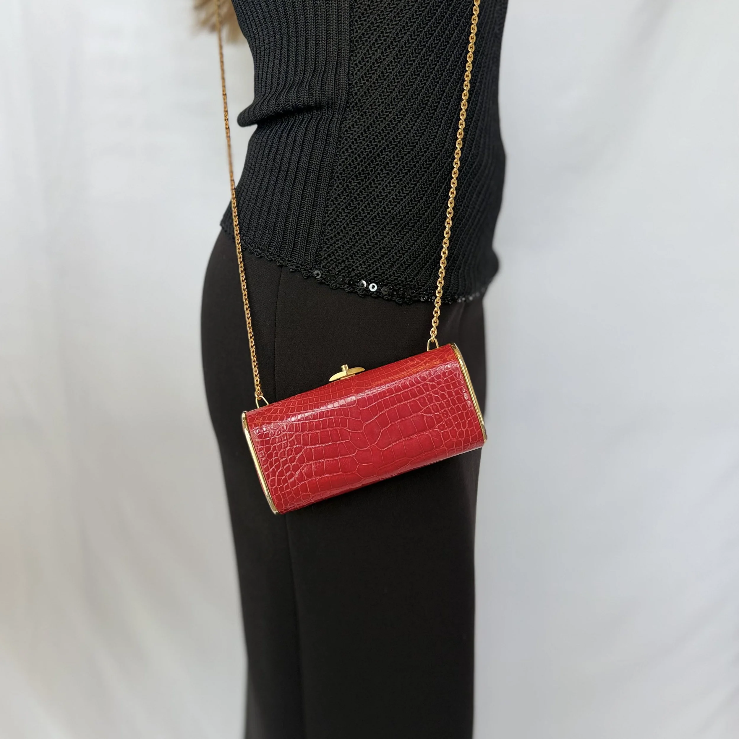 Judith Leiber New York Red Alligator-Embossed Evening Bag | Gold Chain Shoulder Bag | Vintage