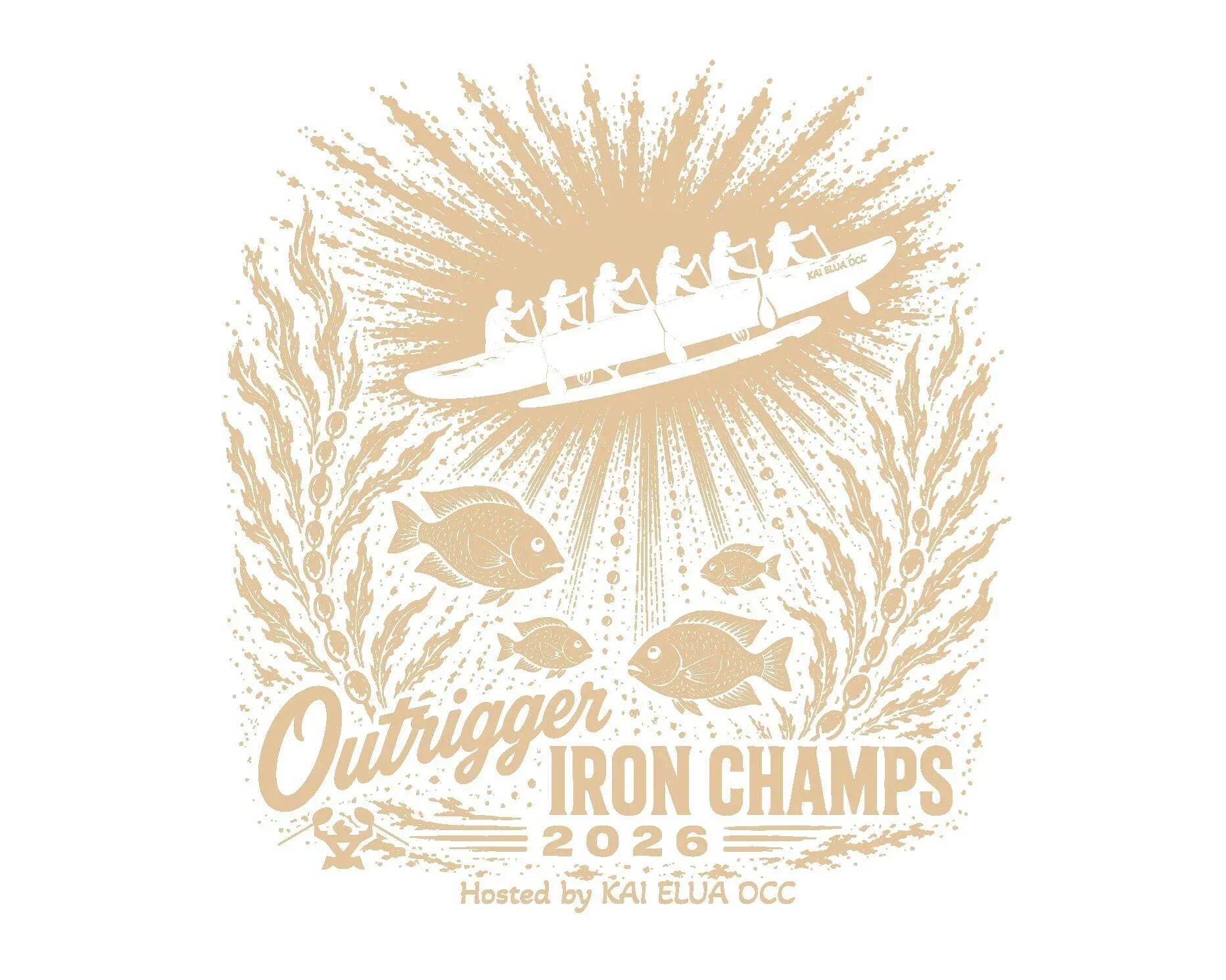 Design celebrating the 2026 Outrigger Iron Champs, featuring a canoe with seven paddlers, surrounded by fish, wheat, and aquatic elements, with rays of light emanating from the center.