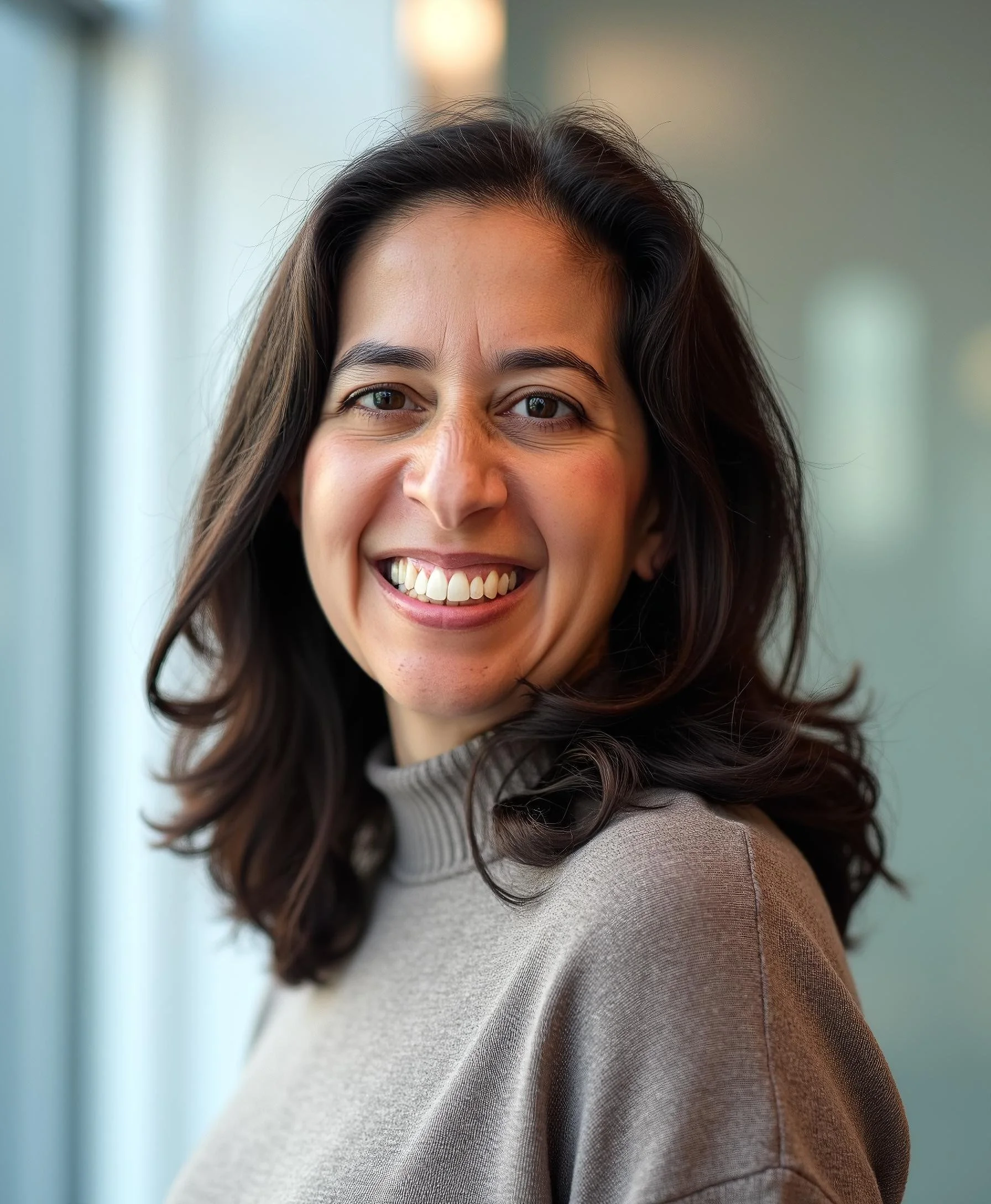 Smiling woman with dark brown hair in a natural light setting.