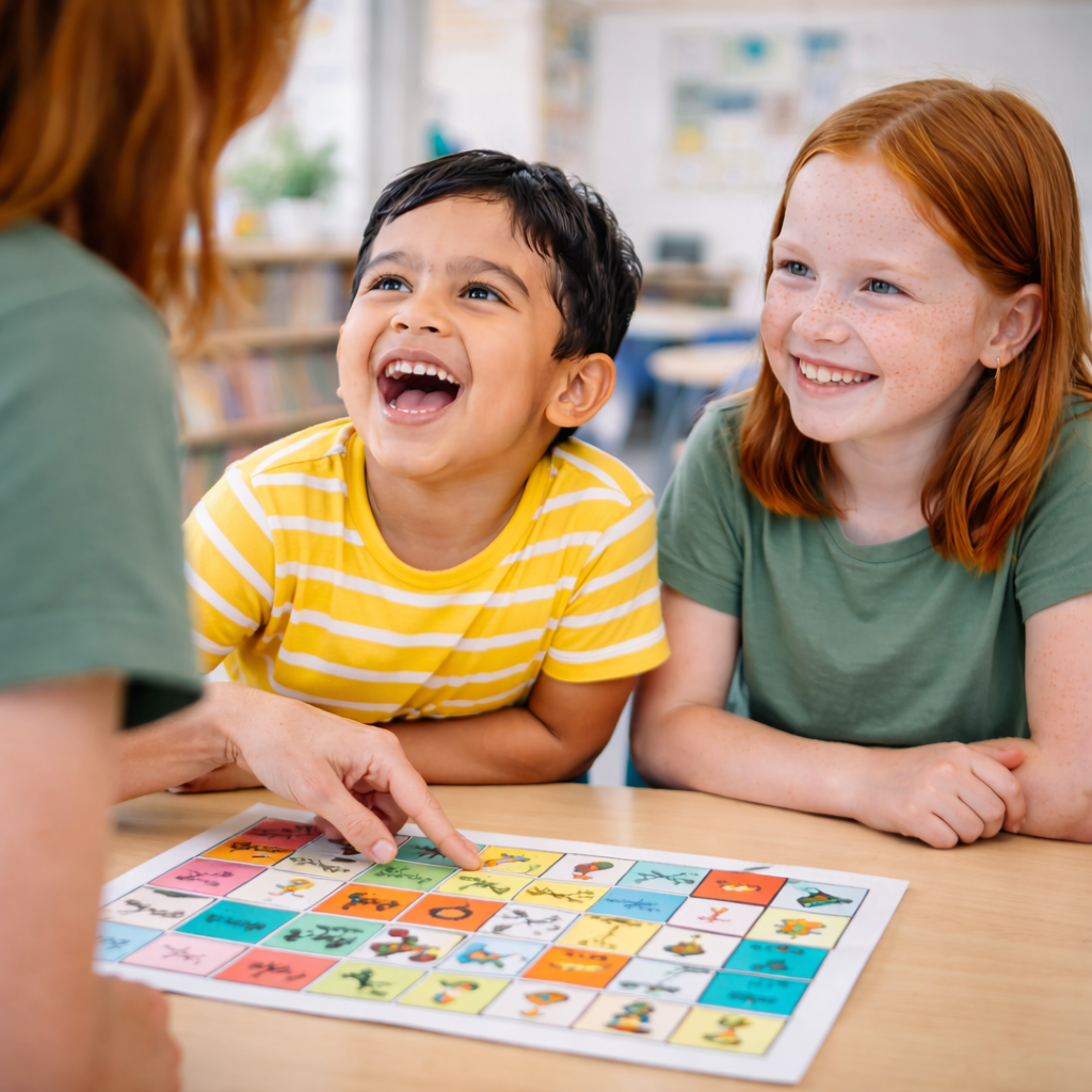 Two children, a boy and a girl, are smiling and laughing while playing a colorful board game with an adult woman in a classroom or library setting.