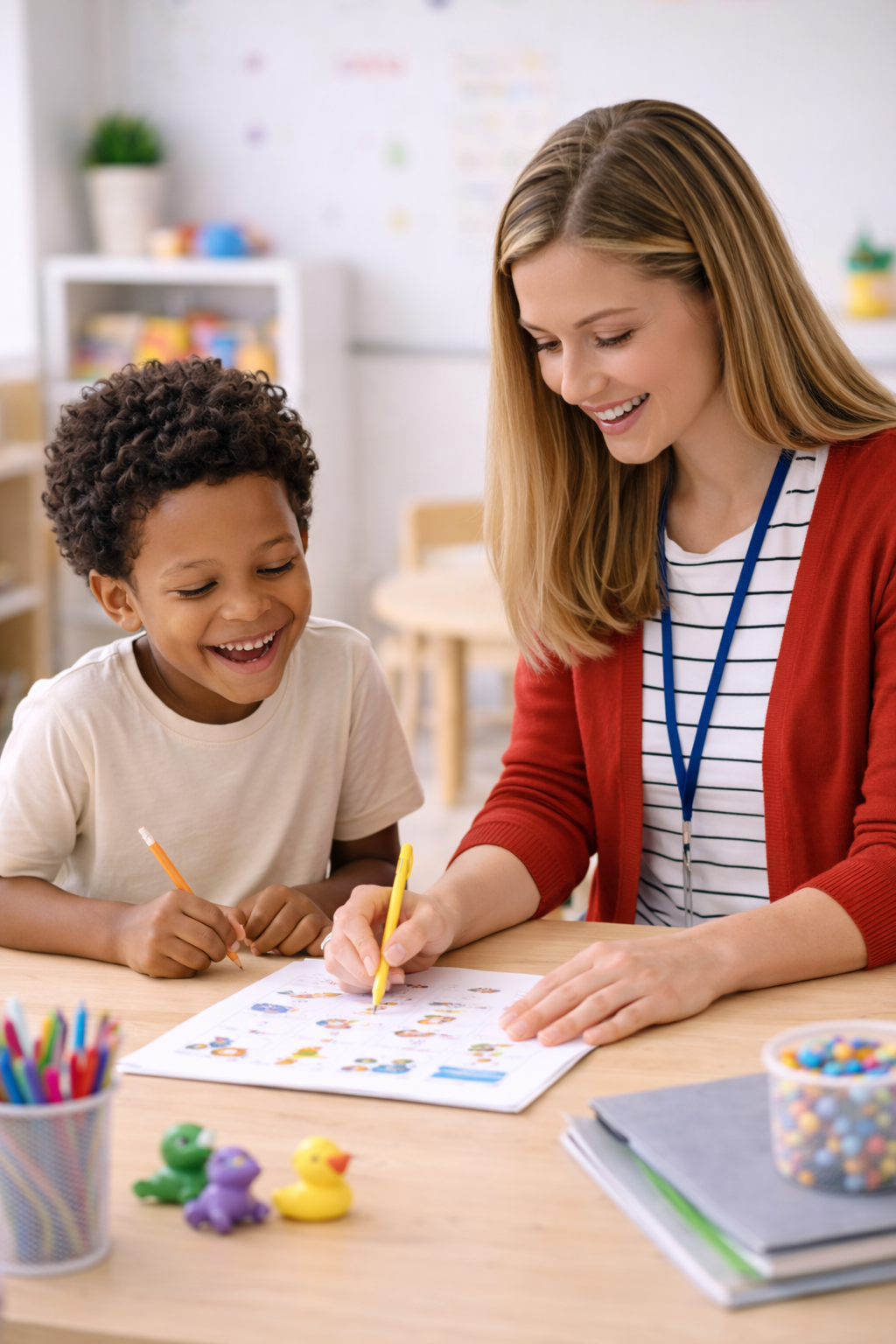 A teacher and a young student smiling during a drawing activity in a classroom with art supplies and colorful toys on the table.