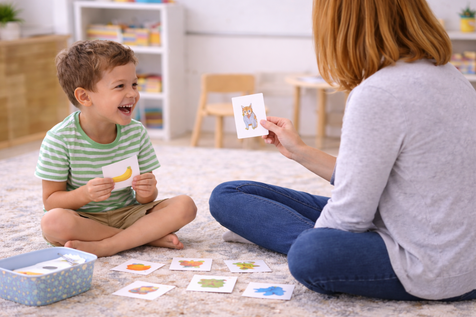 A young boy and a woman sitting on the carpeted floor, playing a card matching game. The boy holds a card with a banana while the woman holds a card with a fox. There are various colorful animal and fruit cards spread on the floor and a small box of additional cards beside them.