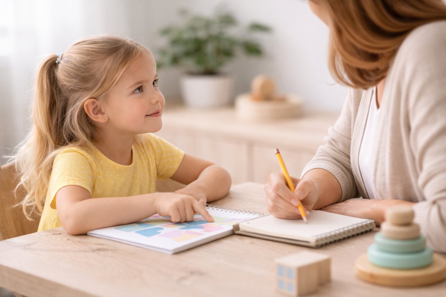 A young girl sitting at a table, smiling and pointing at a colorful book, while an adult woman writes in a notebook beside her.