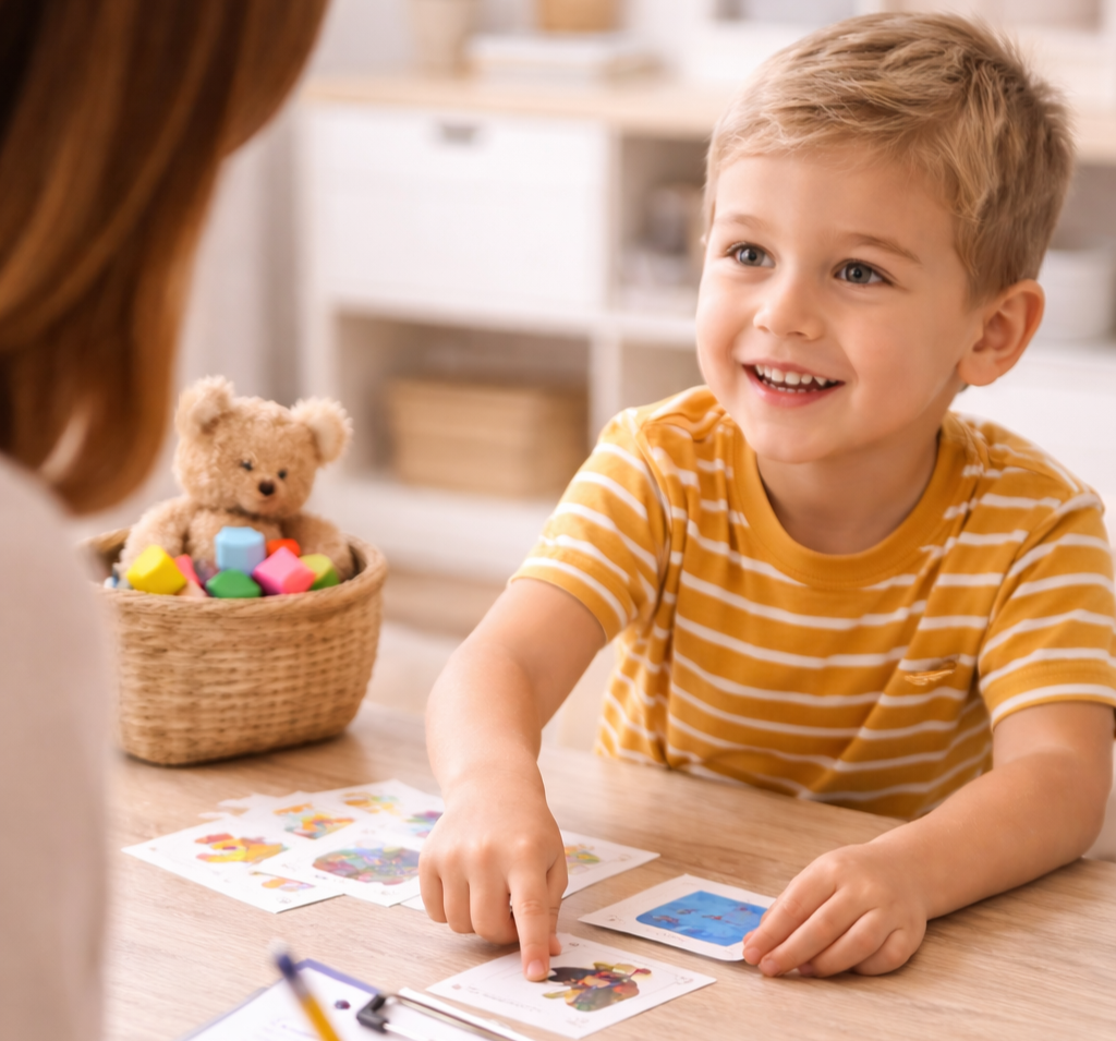 A young boy with a big smile, wearing a yellow and white striped shirt, sitting at a wooden table with colorful cards. A basket with a teddy bear and building blocks is in the background.