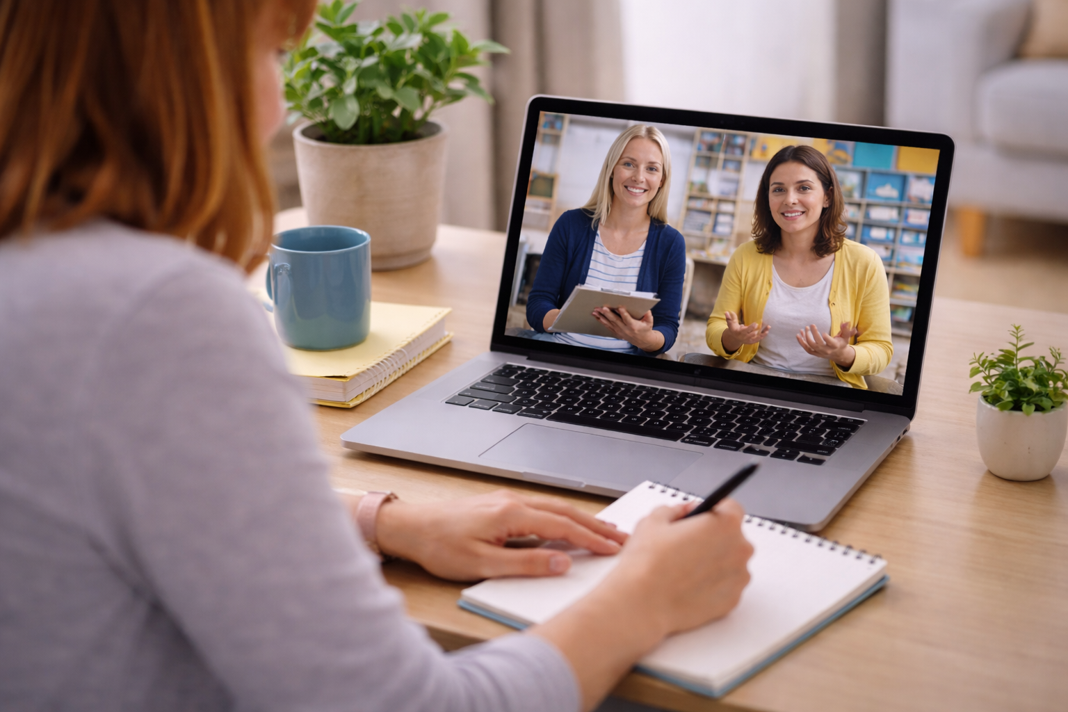 A speech and language therapist taking notes while smiling at her laptop screen, during a consultation with a SENCo and teacher.
