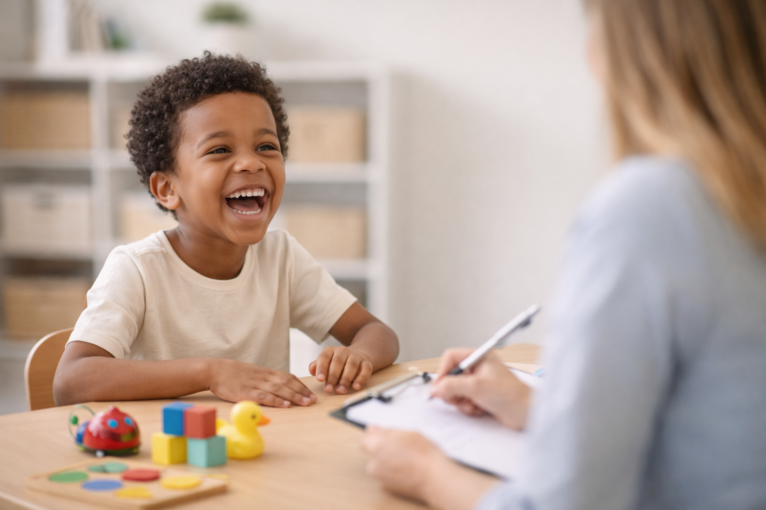 A young boy laughs happily while talking to a woman who is taking notes on a clipboard. They are sitting at a wooden table with colorful toys, including a toy ladybug, a rubber duck, and stacking blocks.
