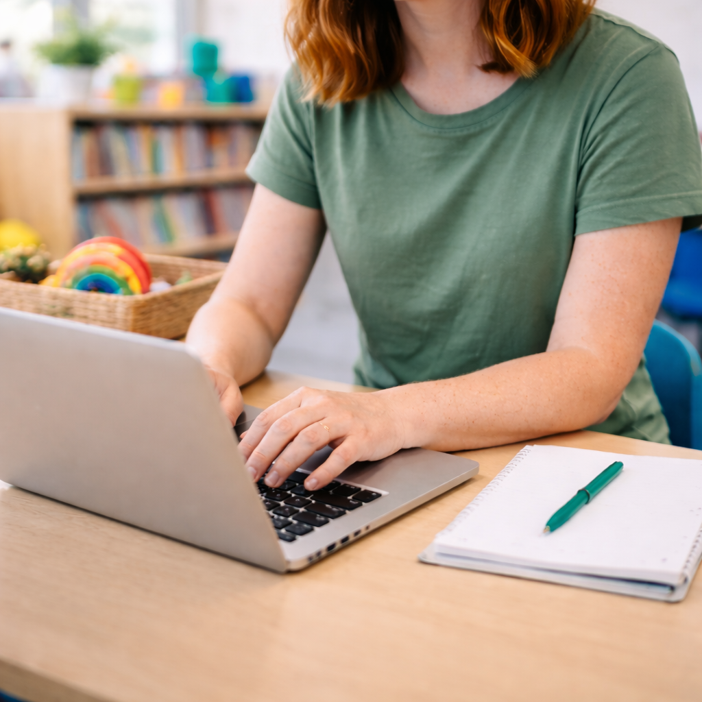A woman with red hair wearing a green t-shirt sitting at a desk, typing on a laptop, with a notebook and pen beside her. A basket of colorful rainbow toys is in the background, along with a bookshelf.