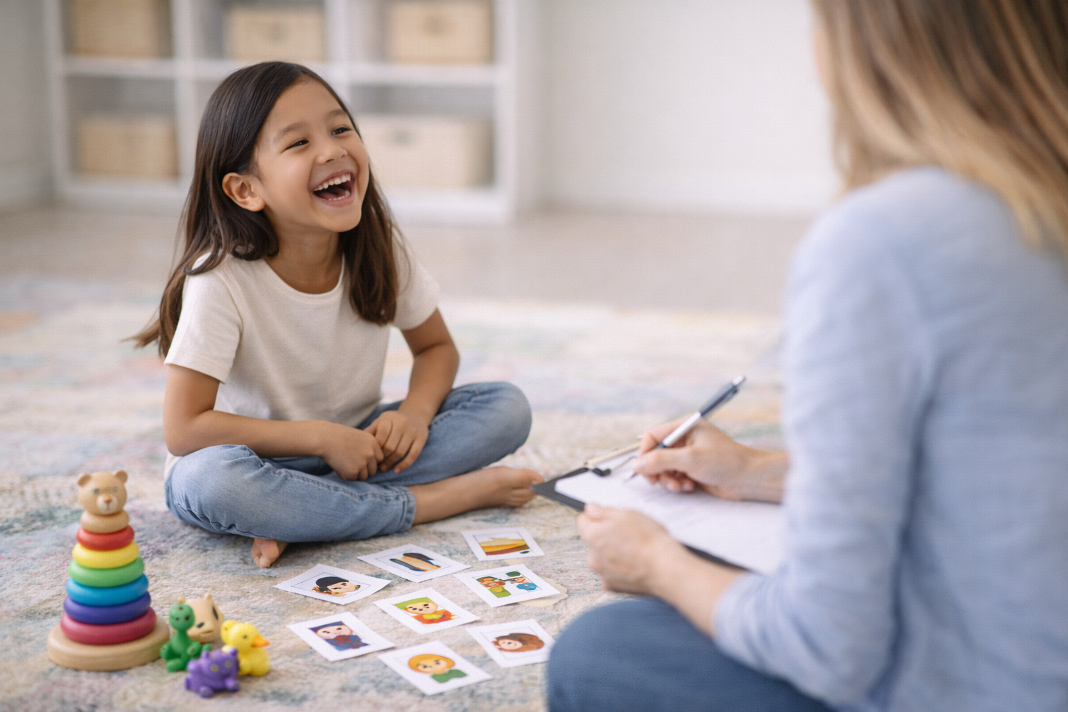 A girl sitting cross-legged on the floor smiling and playing a matching game with cards while a woman with a notepad watches.
