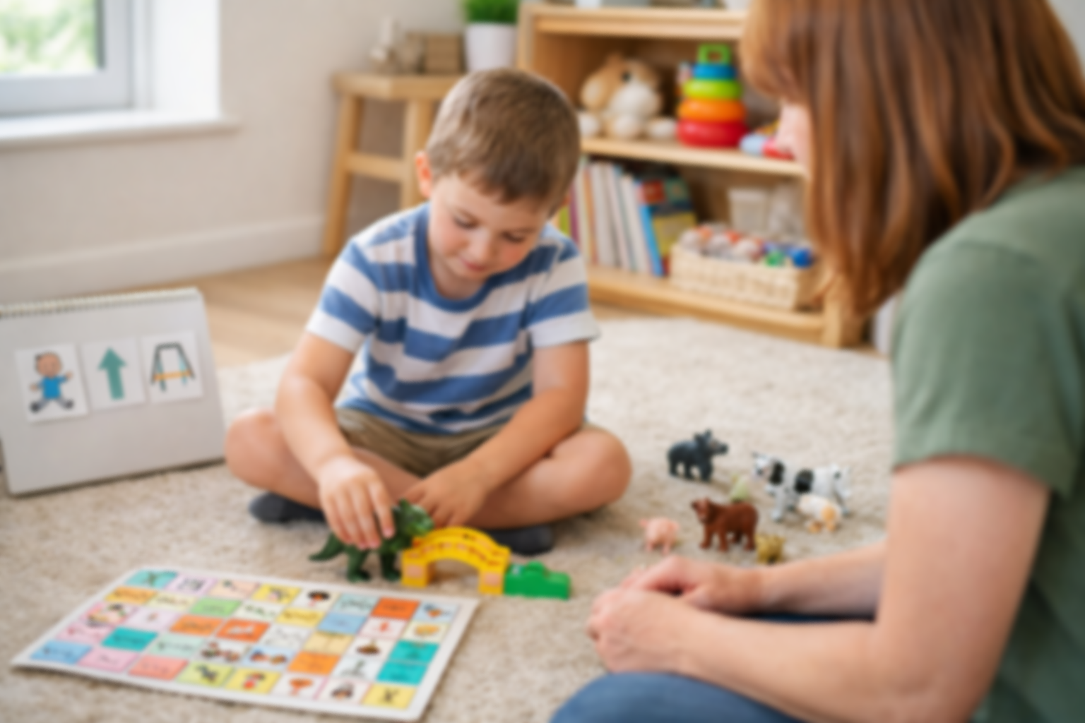 A young boy and woman playing a board game with small animal figurines in a cozy living room.