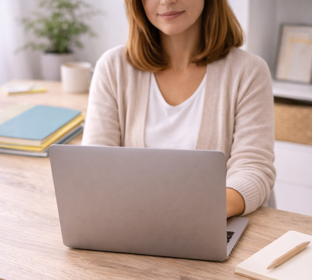 A woman with red hair working on a laptop at a wooden desk with notebooks, a pen, and a plant in the background.