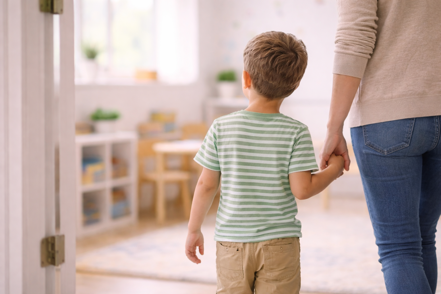 A young boy holding hands with an adult woman, walking into a brightly lit room, likely a classroom or playroom, with shelves and tables in the background.