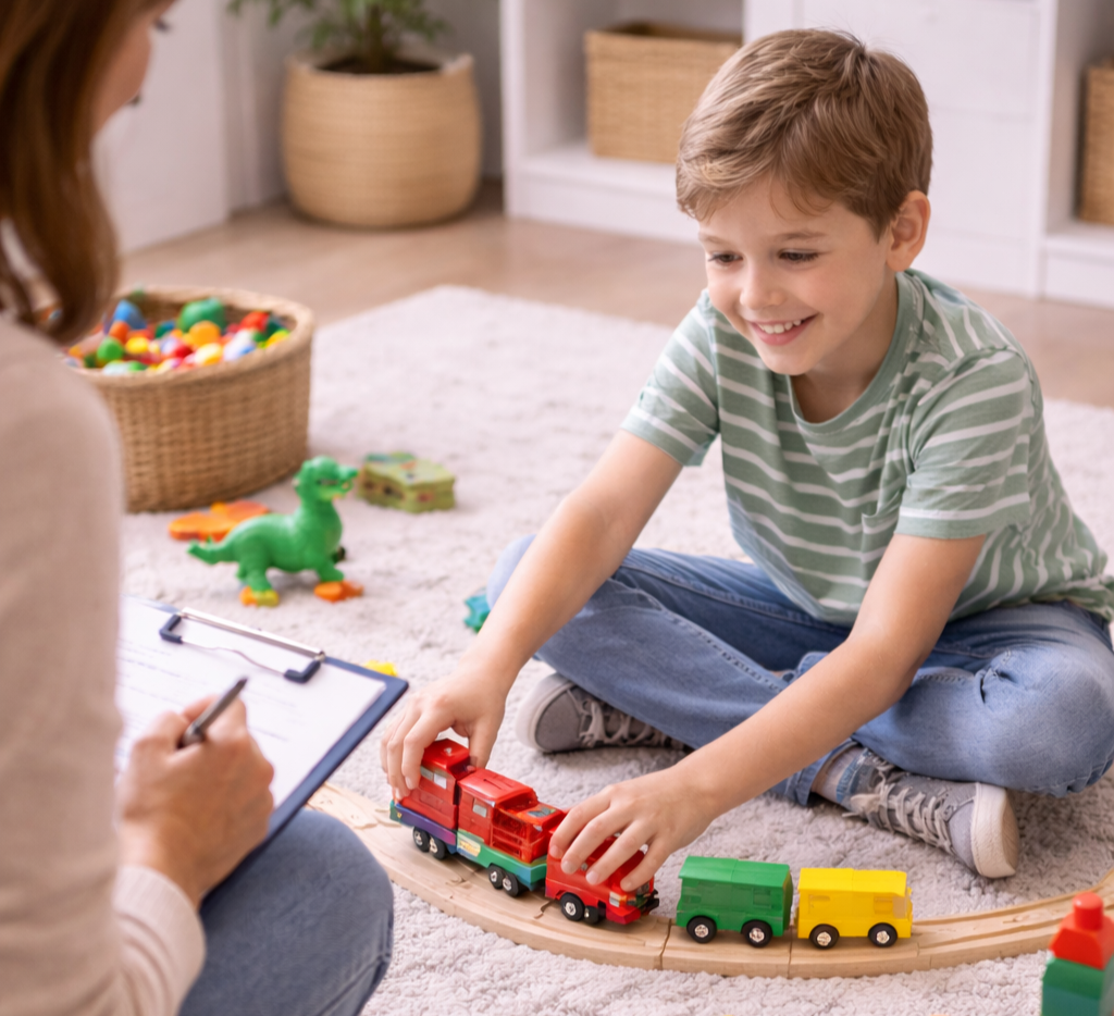 A young boy with a striped shirt playing with toy trains on a circular track while an adult holds a clipboard nearby in a cozy living room.