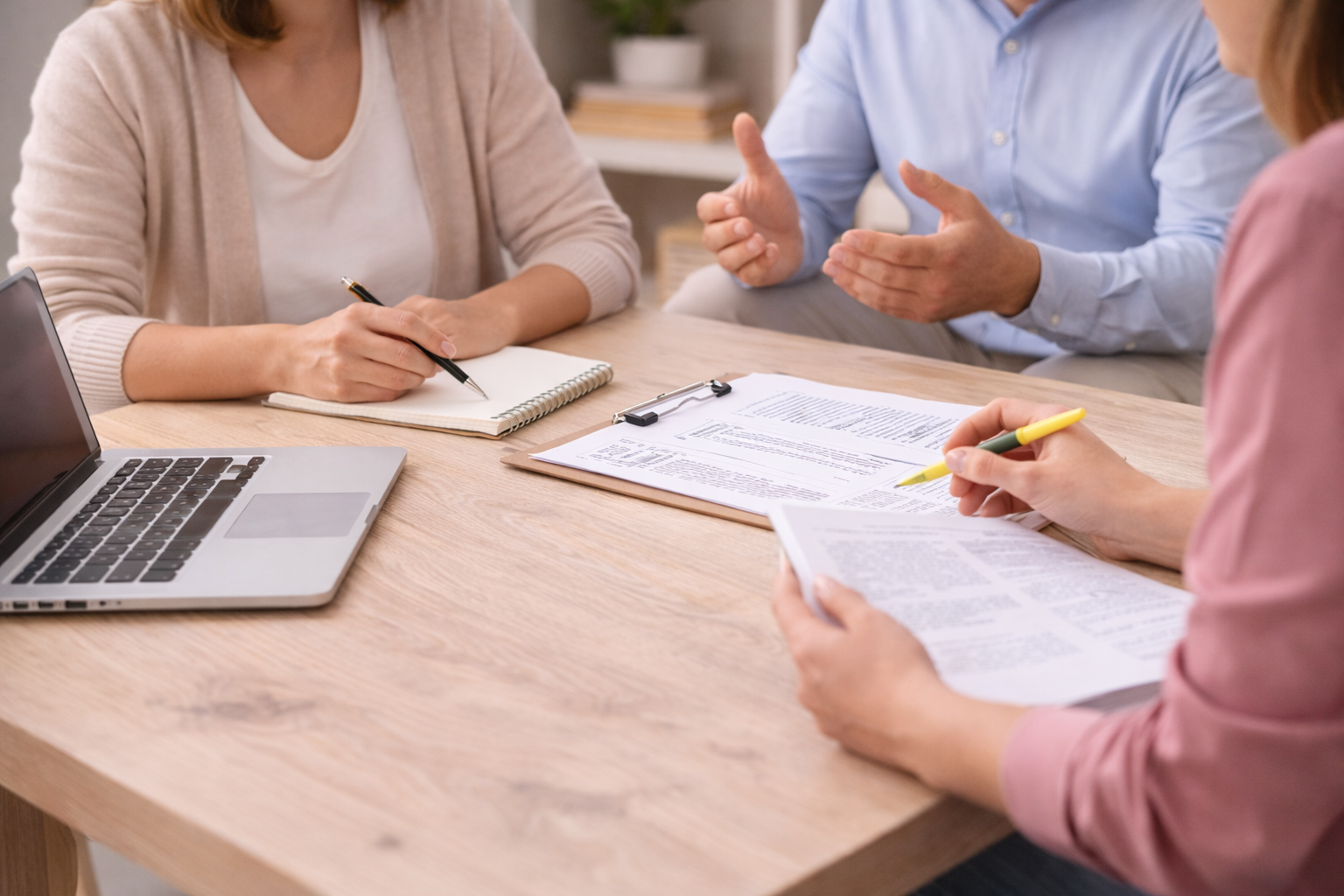 Three people sitting at a wooden table with documents, a laptop, notebooks, and pens, engaged in a discussion.