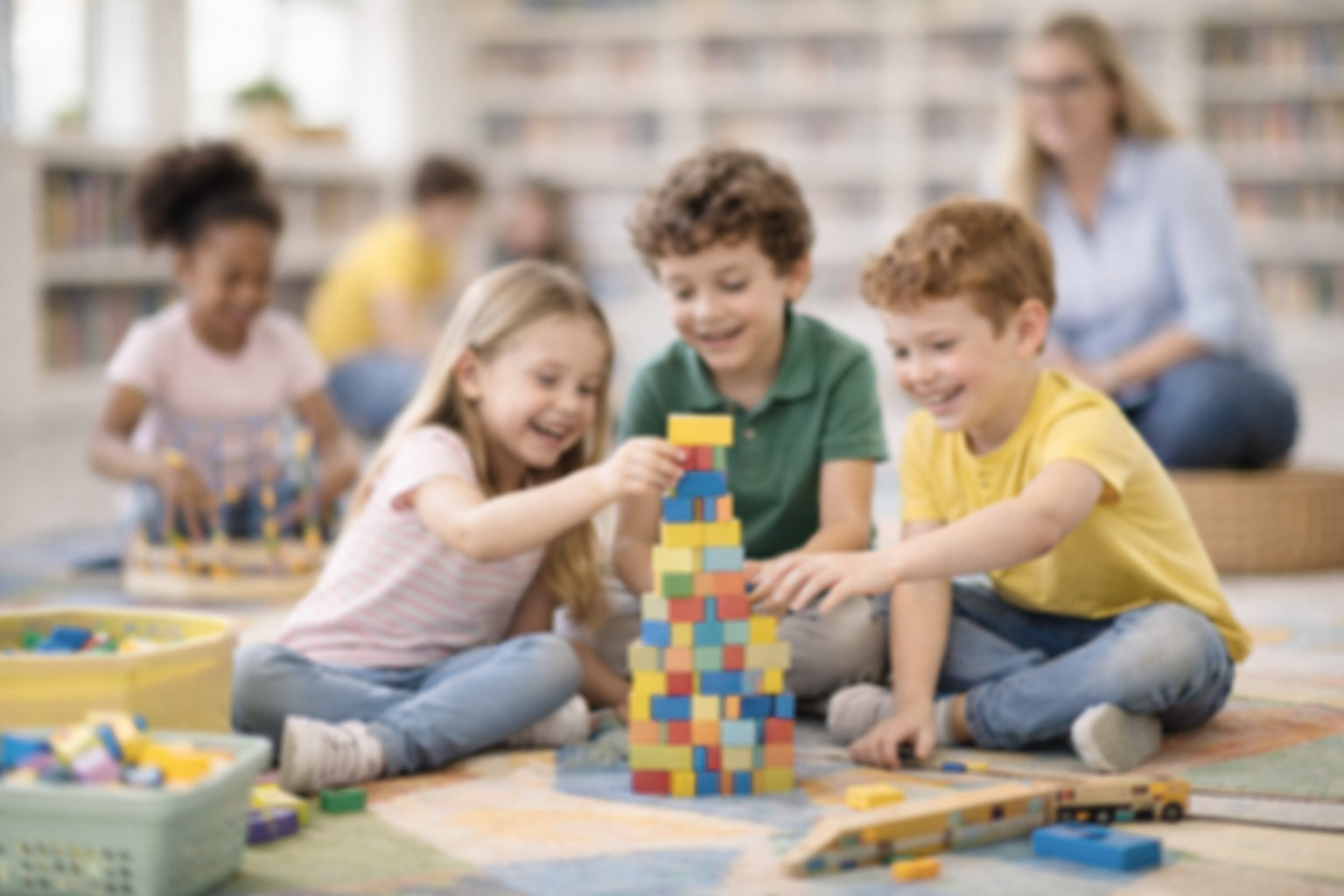 Children playing a tower-building game with colorful blocks in a library.