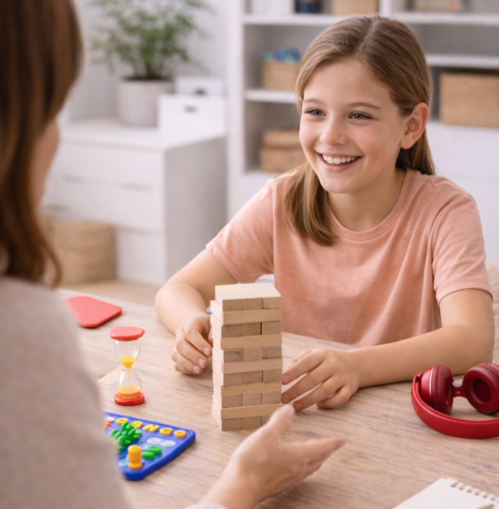 A young girl with brown hair smiling while playing Jenga with an adult woman. They are sitting at a table in a room with white furniture and shelves. There are red headphones, a red stopwatch, an hourglass, and a board game on the table.