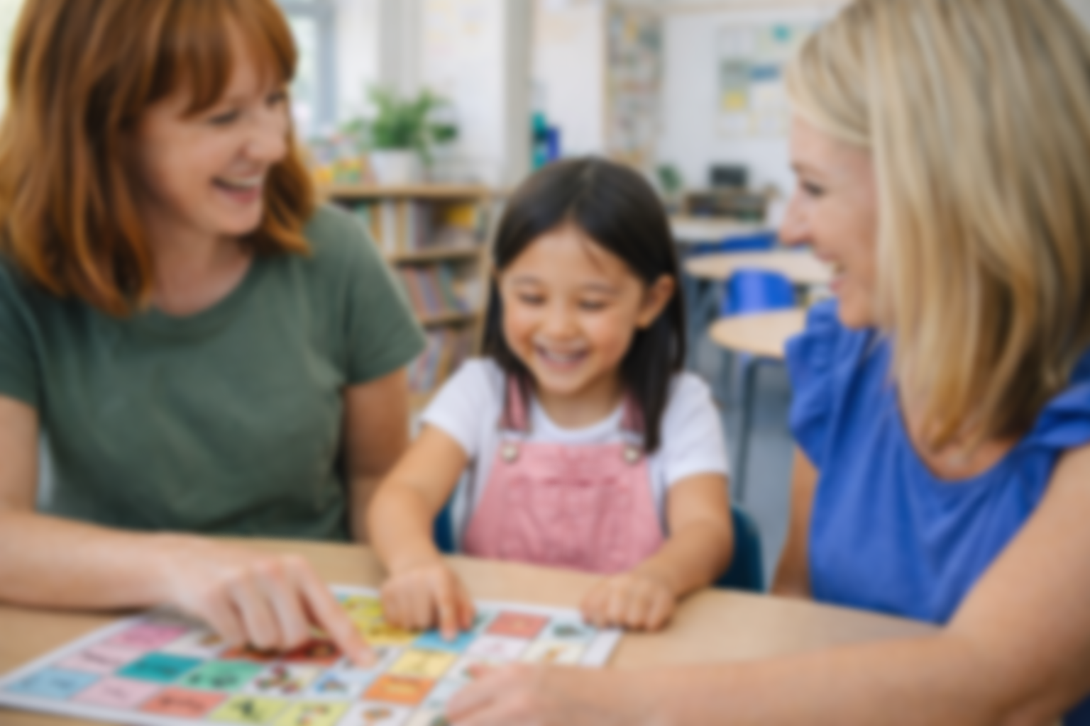 Two women and a young girl sitting at a table playing a colorful board game together, smiling indoors in a classroom or library setting.
