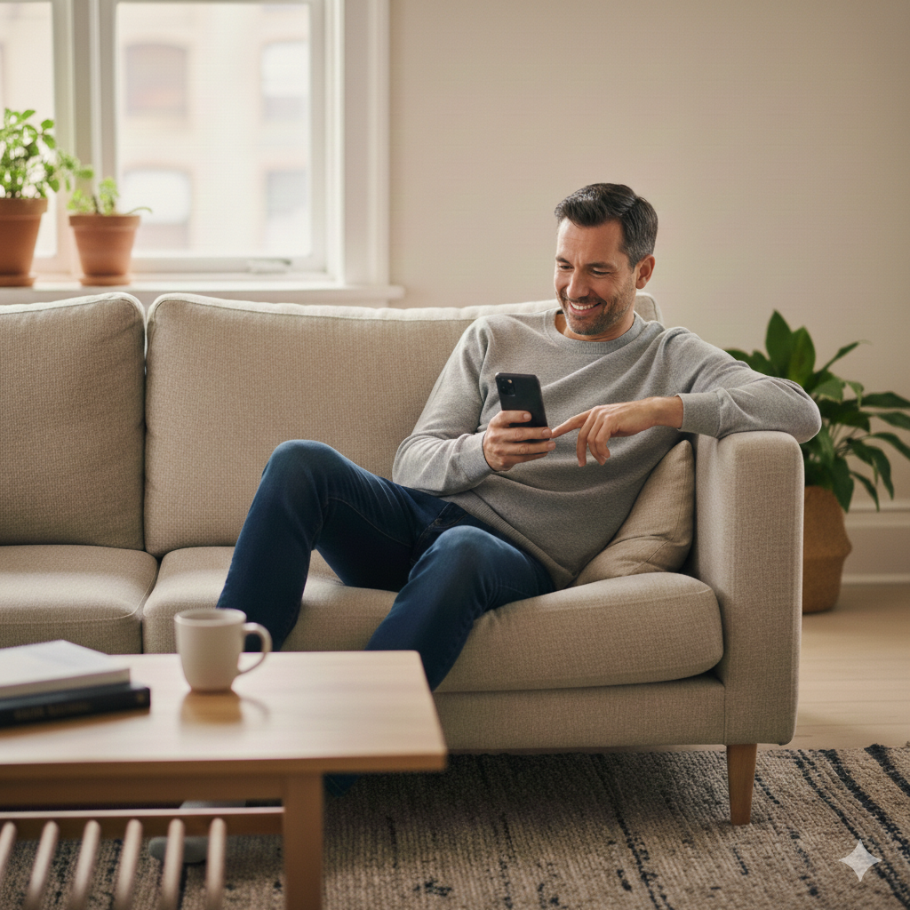 A man sitting on a beige sofa in a living room, smiling and looking at his phone.