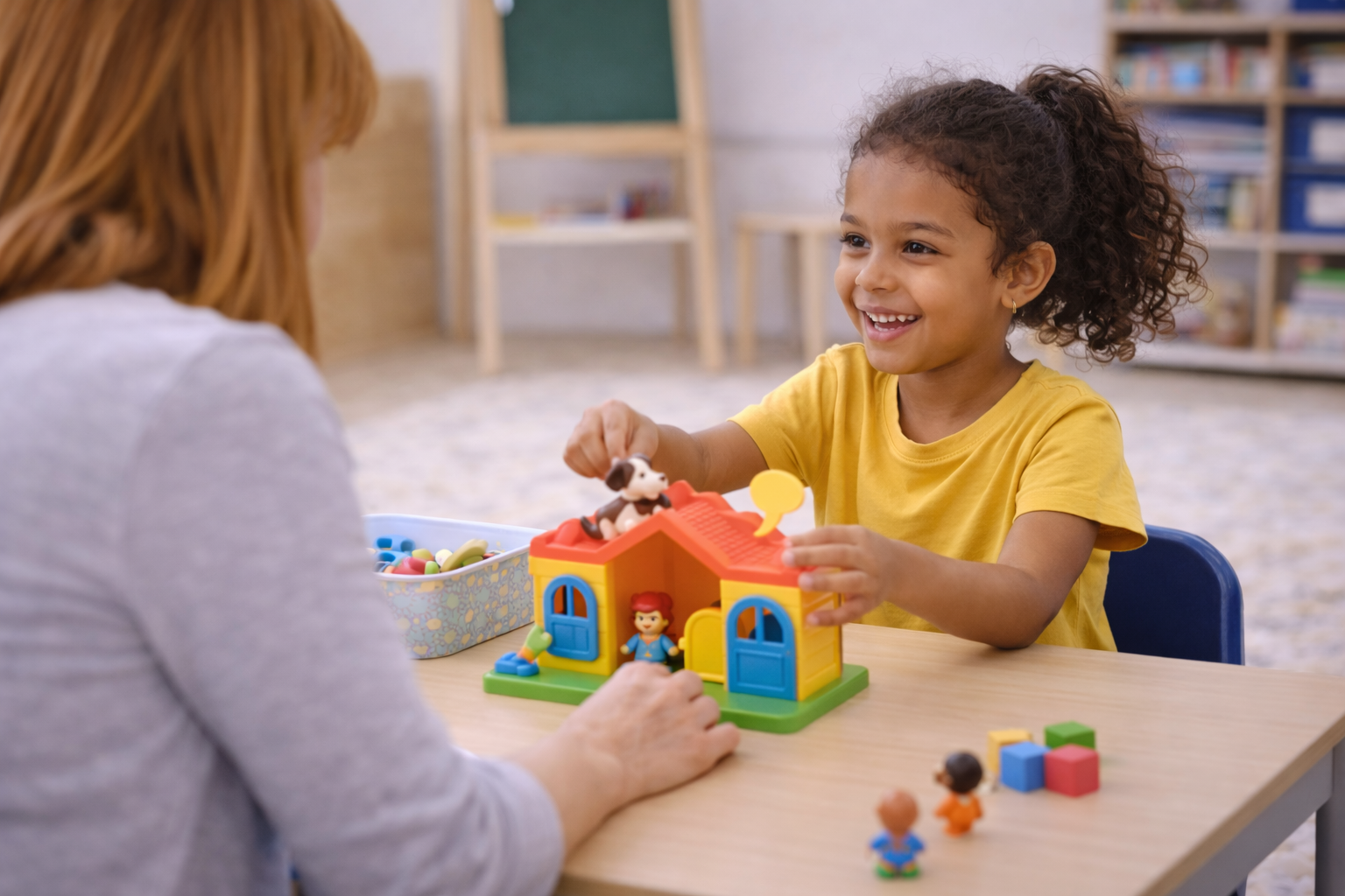 A young girl playing with a toy house and figurines at a table, smiling and engaging with a speech and language therapist.