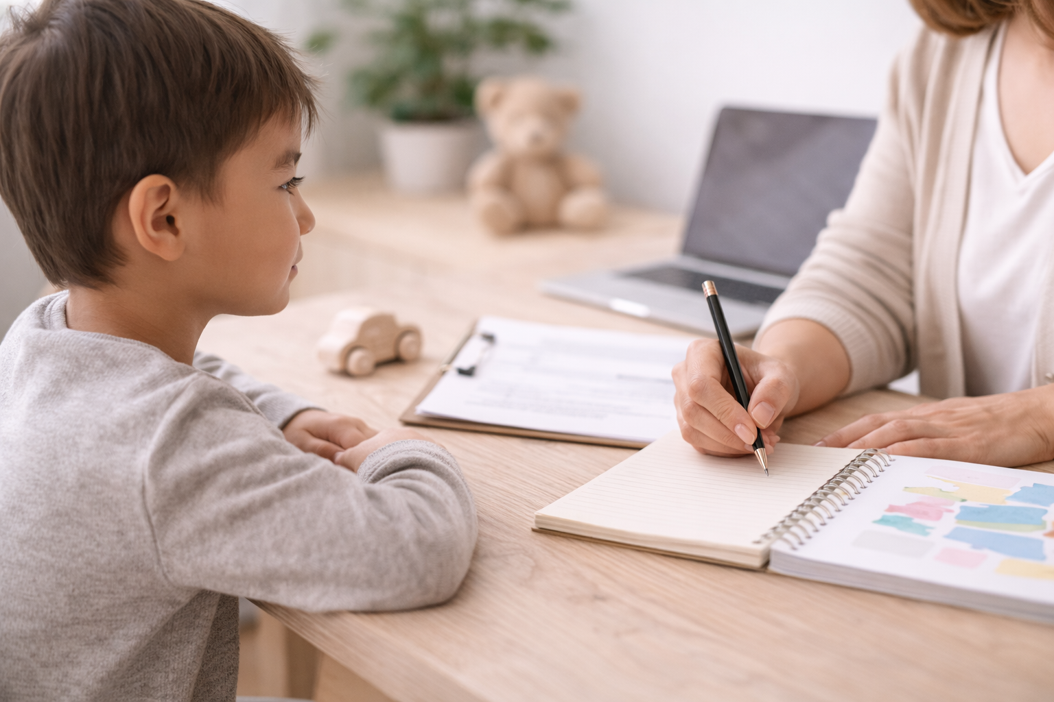 Child sitting at a desk with a healthcare professional, filling out paperwork