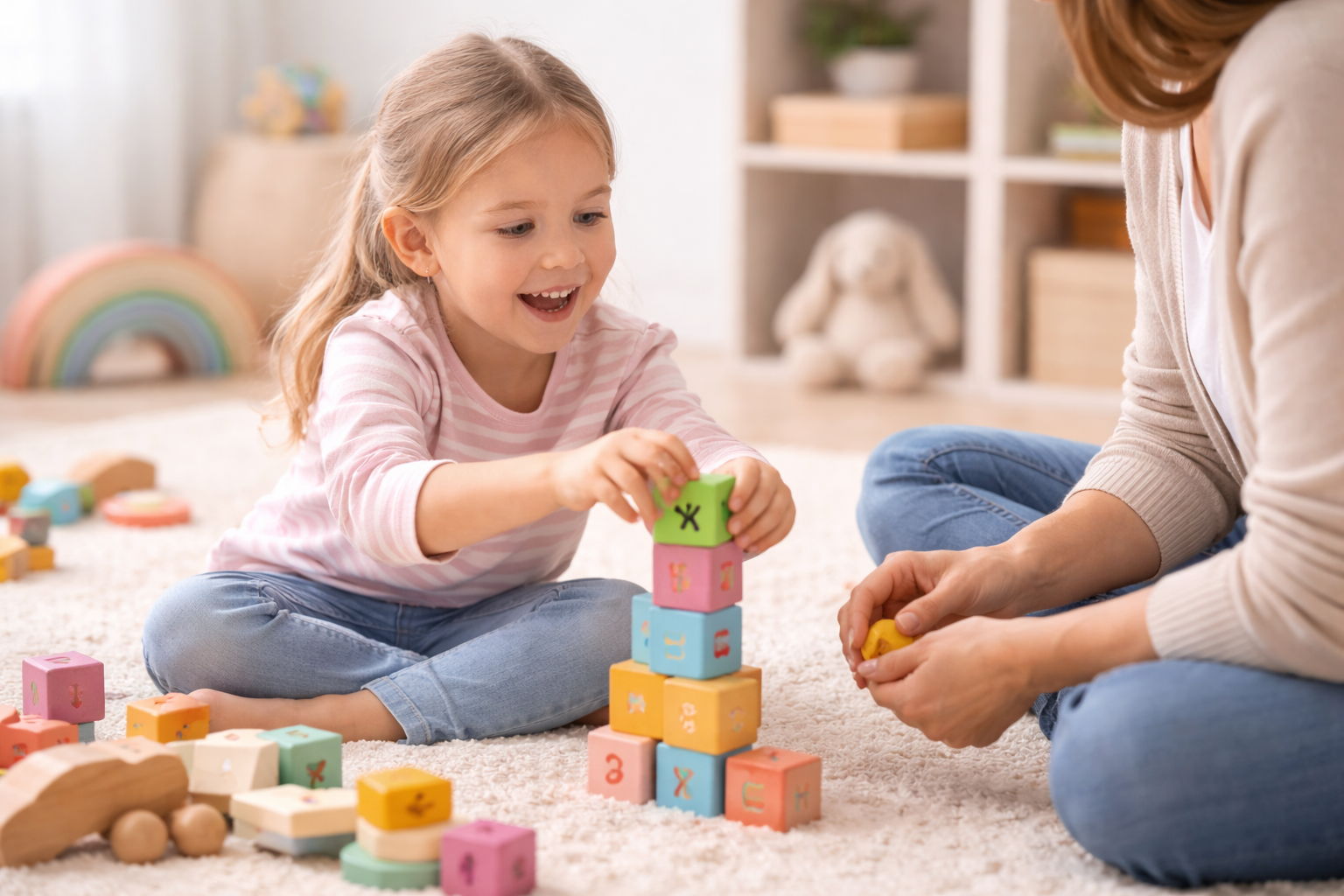 A young girl and an adult woman playing with colorful stacking blocks on a beige carpet in a bright room. The girl is smiling and placing a green block on top of a tower, while the woman holds a yellow block. There are other toys and a rainbow-shaped decoration in the background.