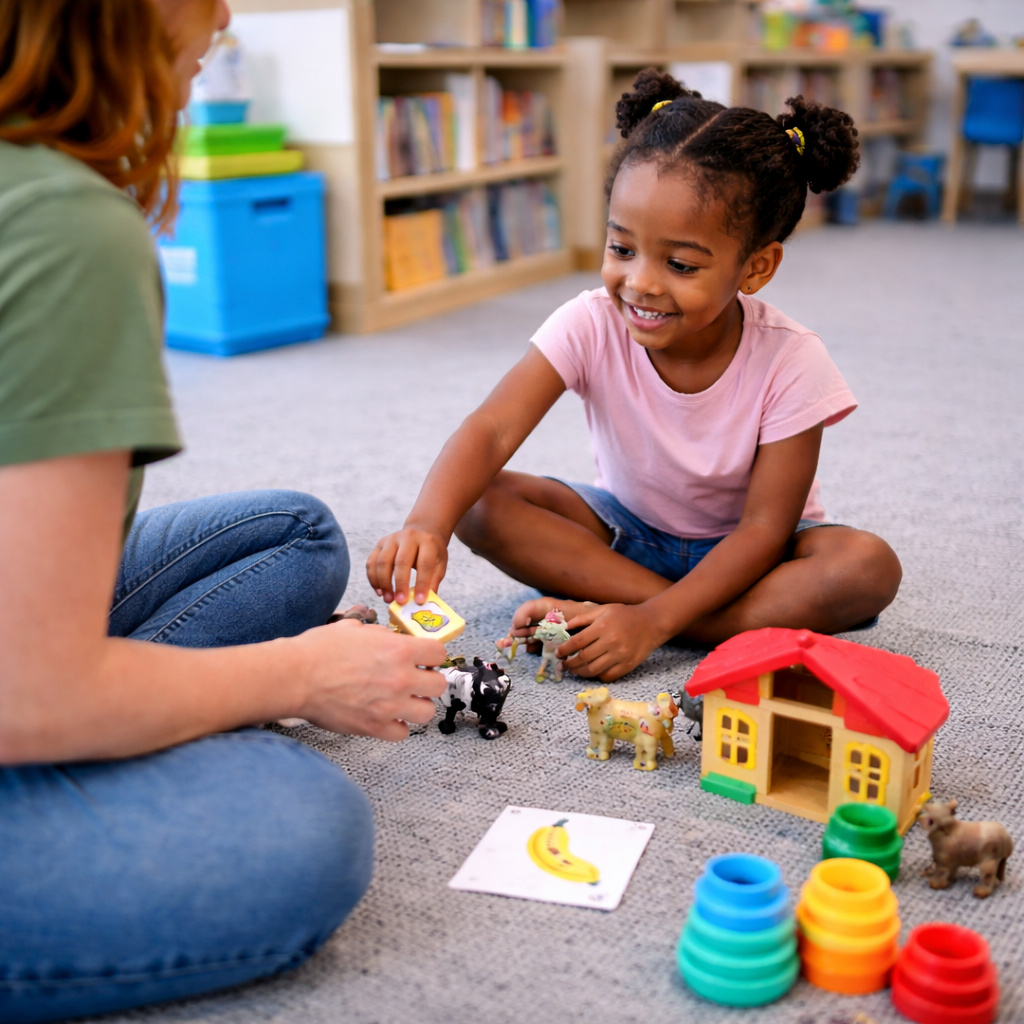 A young girl playing with toy farm animals, a barn, and stacking rings with an adult in a colorful library or classroom.