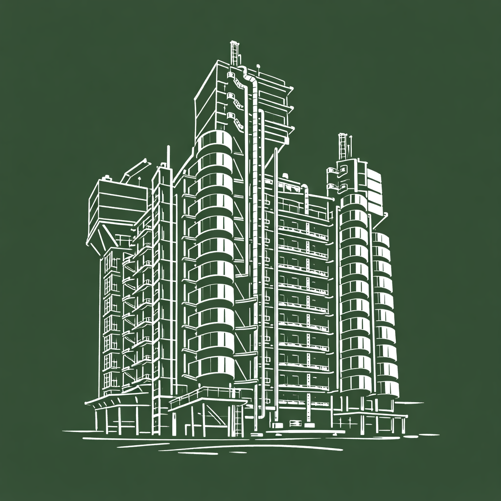 A white line drawing of a modern multi-story building on a dark green background.