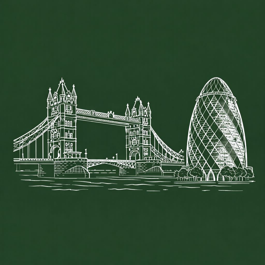 White line drawing of Tower Bridge and the Gherkin skyscraper on a green background