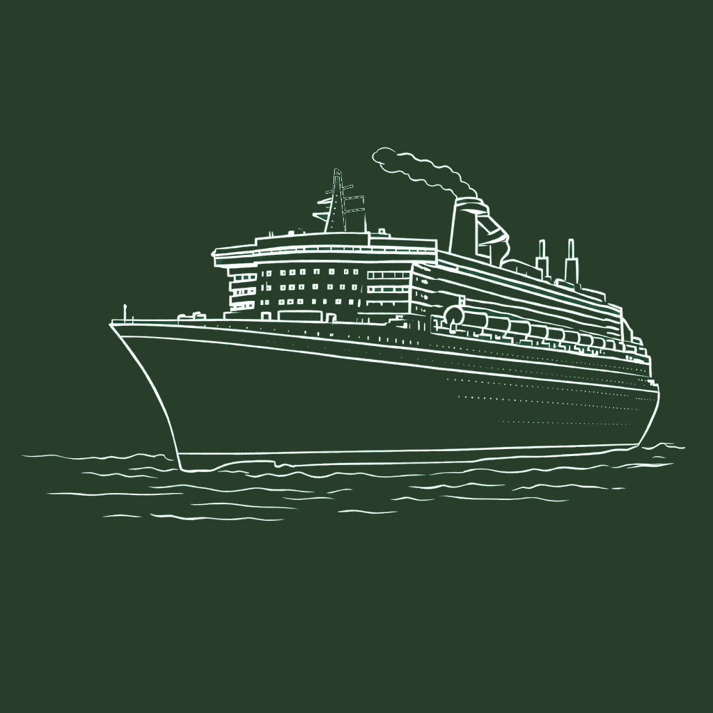 Line drawing of a large cruise ship sailing on water with a dark green background.