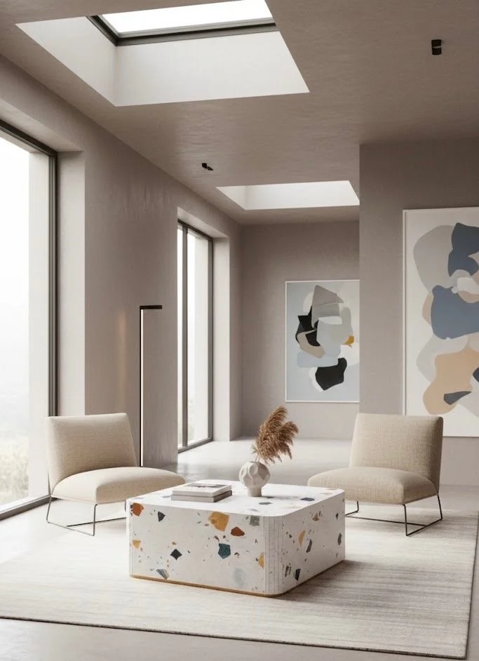 Modernt vardagsrum med abstrakt konst och minimalistika detaljer, ett soffbord tillverkat i en färgglad terrazzo inspirerad stenskiva.