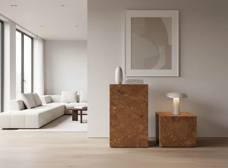 Moderna och minimalistisk vardagsrum med en beige hörnsoffa, stora fönster med vita gardiner, och två marmorerade träbord med en vit vas och en lampa, inramad konst på vägg.