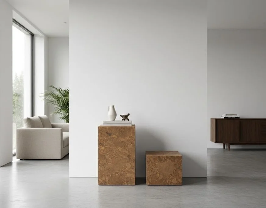 Minimalist inredning med ett ljust vardagsrum, beige soffa, grönt växt, och två bruna soffbord i naturmaterial, ett med en vit vas och en liten djurfigur på.