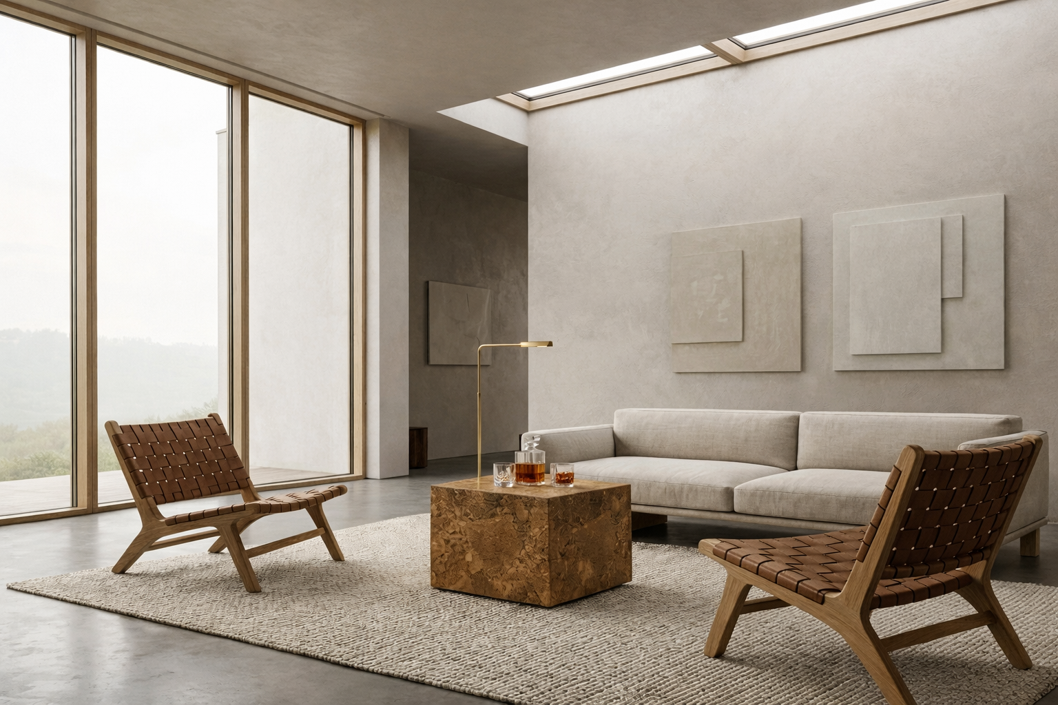 Modernt vardagsrum med stora fönster, beige soffa, två träfåtöljer med läderband, ett marmorbord, vit matta och abstrakta konstverk på väggarna.