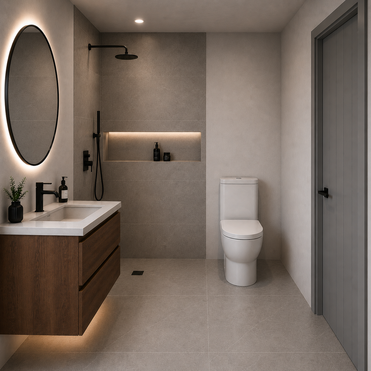 Modern bathroom with a floating wooden vanity, round mirror, black fixtures, a shower with a built-in shelf, a white toilet, gray walls and door, and beige tiled flooring.