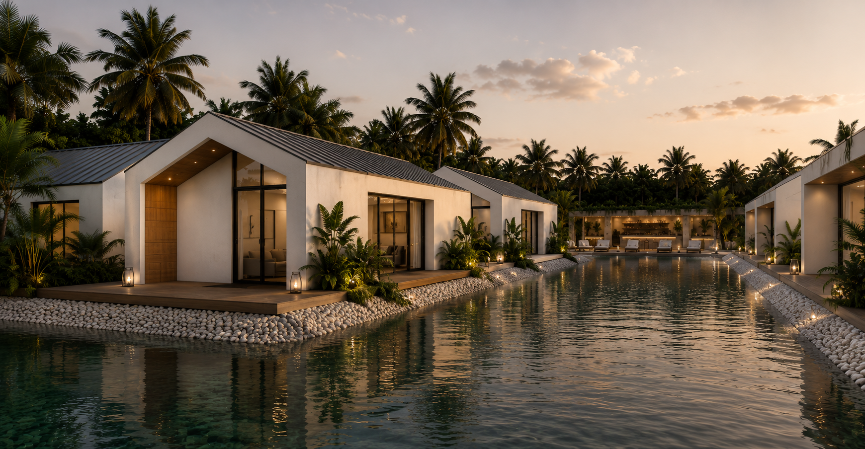 Luxury waterfront villa with modern white architecture, surrounded by palm trees, featuring a large swimming pool with deck chairs and warm lighting at sunset.