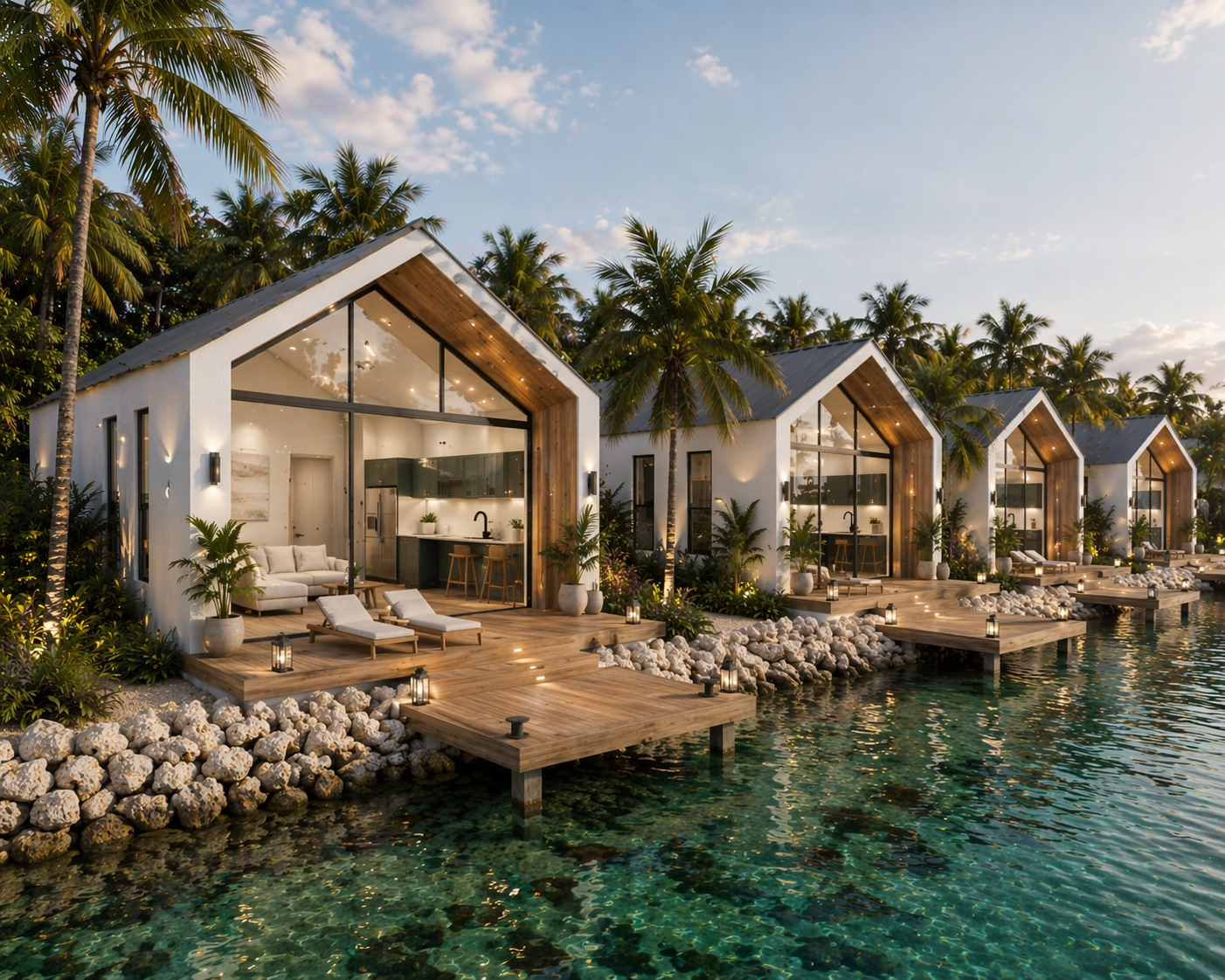 A row of modern overwater bungalows with large glass windows, surrounded by tropical palm trees, overlooking calm water with a sandy and rocky shoreline at sunset.