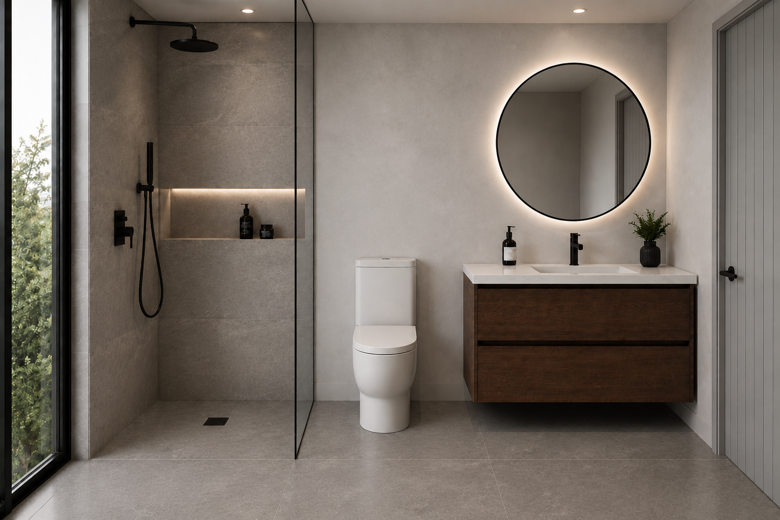 Modern bathroom with walk-in shower, toilet, and vanity with round illuminated mirror, black fixtures, and a small potted plant.