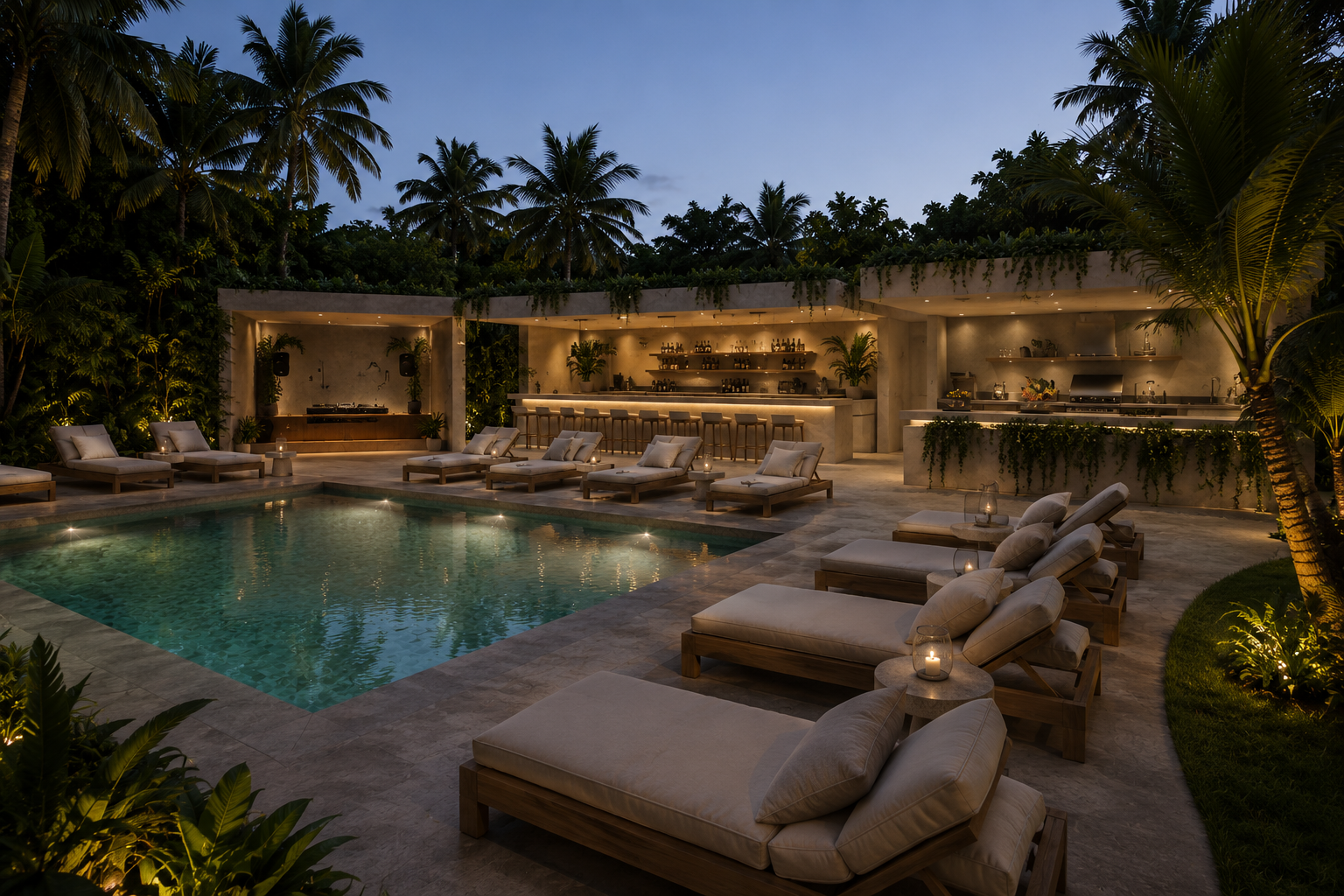Luxury outdoor pool area at dusk with lounge chairs, small tables with candles, bar with stools, lush greenery, and tall palm trees