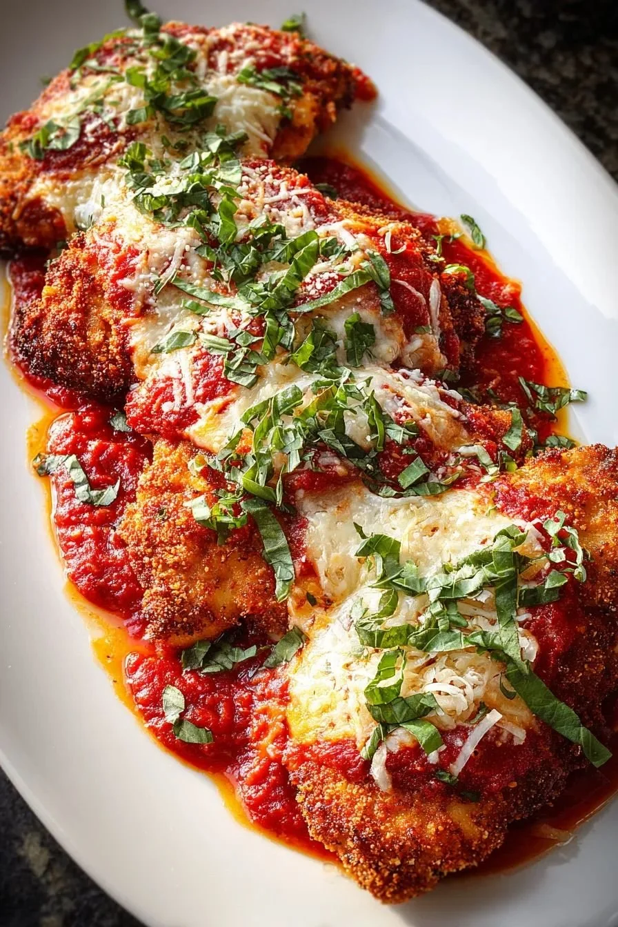 Fried eggplant slices topped with marinara sauce, melted cheese, and chopped fresh basil on a white plate.